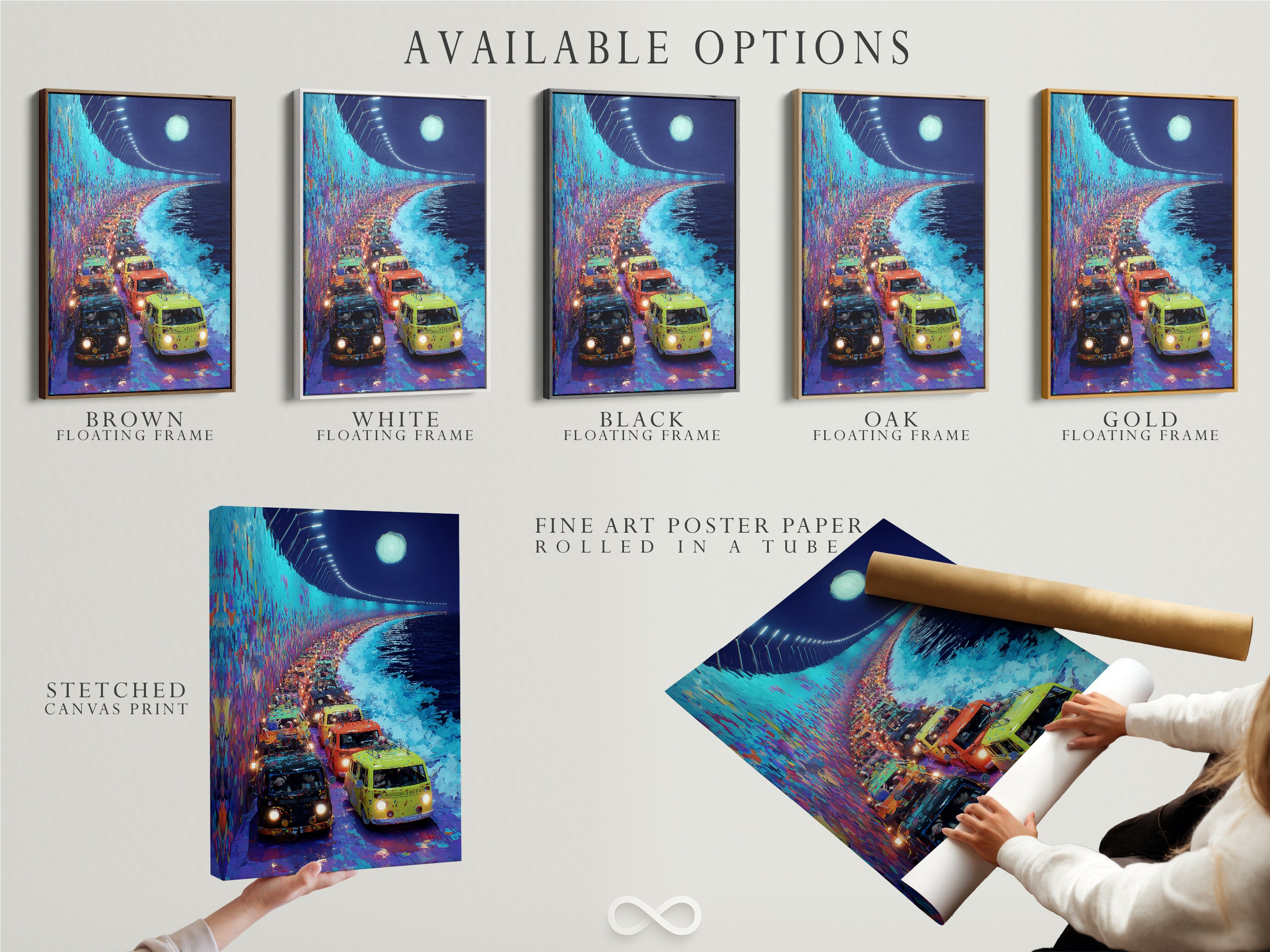 Available options for retro van artwork. Choose from stretched canvas prints fine art poster paper or floating frames. Personalize your vintage vehicle poster to match your style. This turquoise art is perfect for bohemian coastal or eclectic interiors. Road trip artwork.