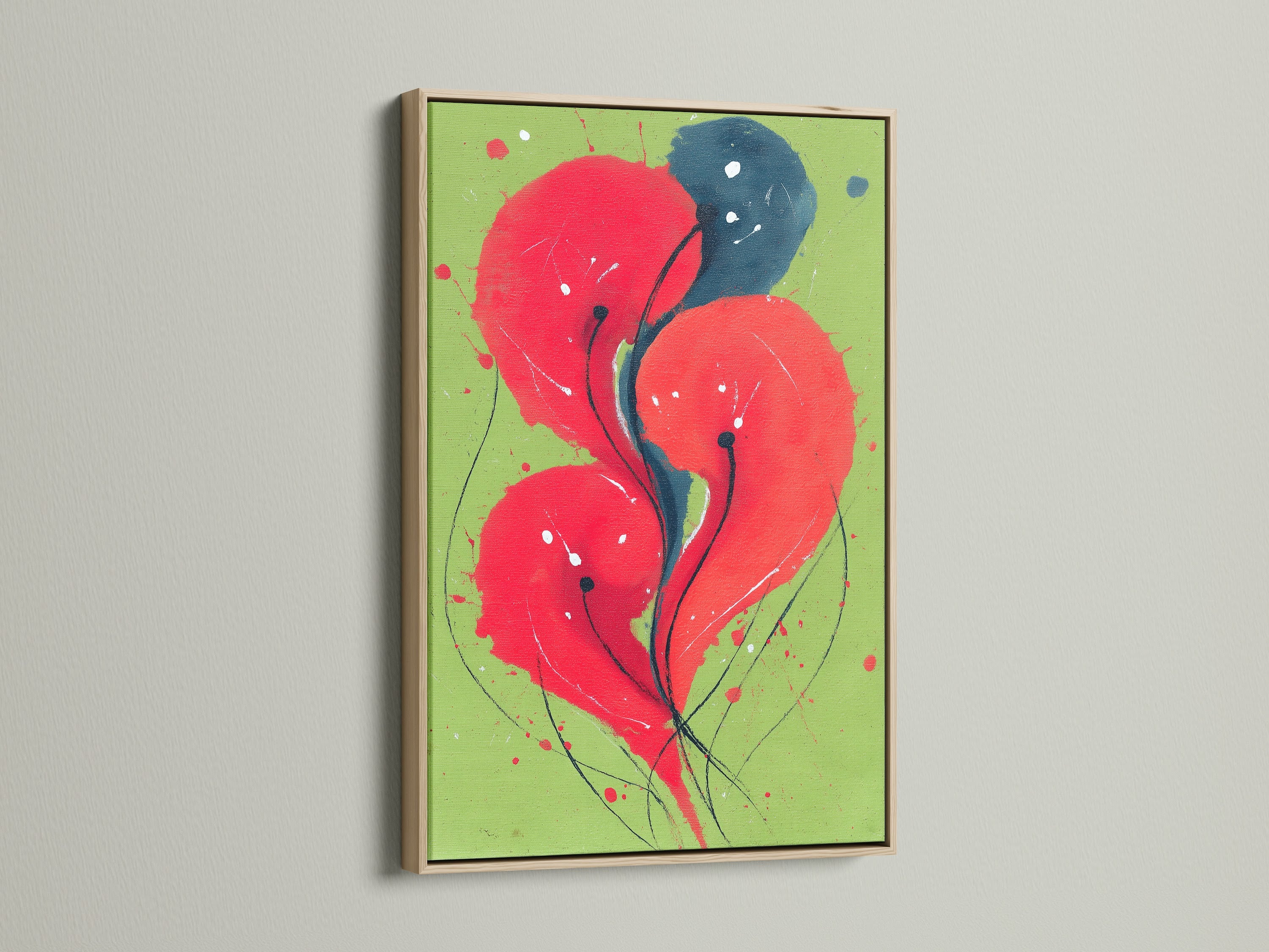 Discover the beauty of an oak frame with this abstract floral canvas print. The modern botanical artwork features vibrant red and blue hues. Perfect for adding a touch of nature to your home office. Elevate your space with this stunning piece of modern wall decor.