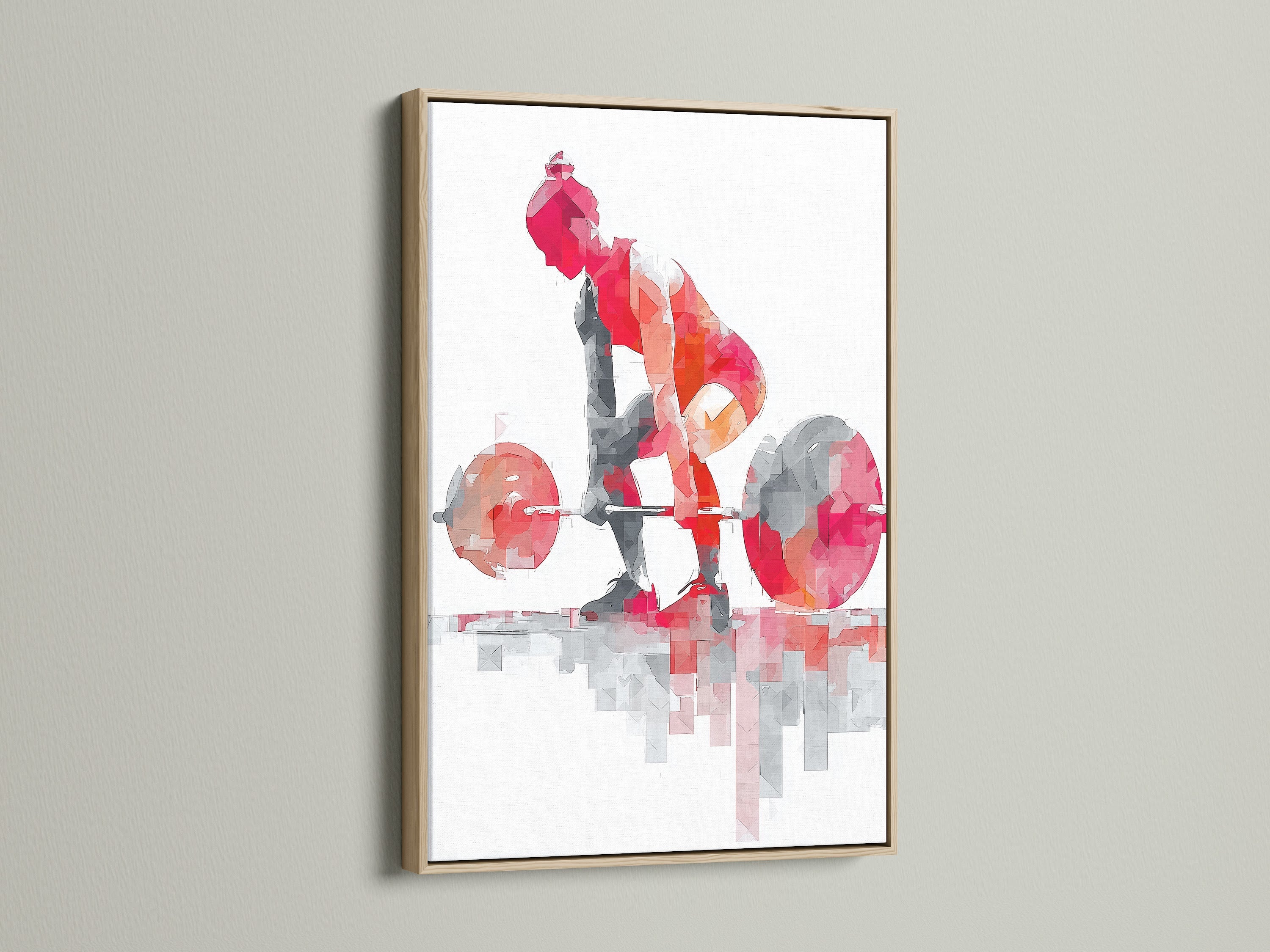 Geometric fitness artwork in an oak frame. The red abstract gym poster is ideal for home gym decor. This weightlifting art will complement minimalist modern or industrial styles.