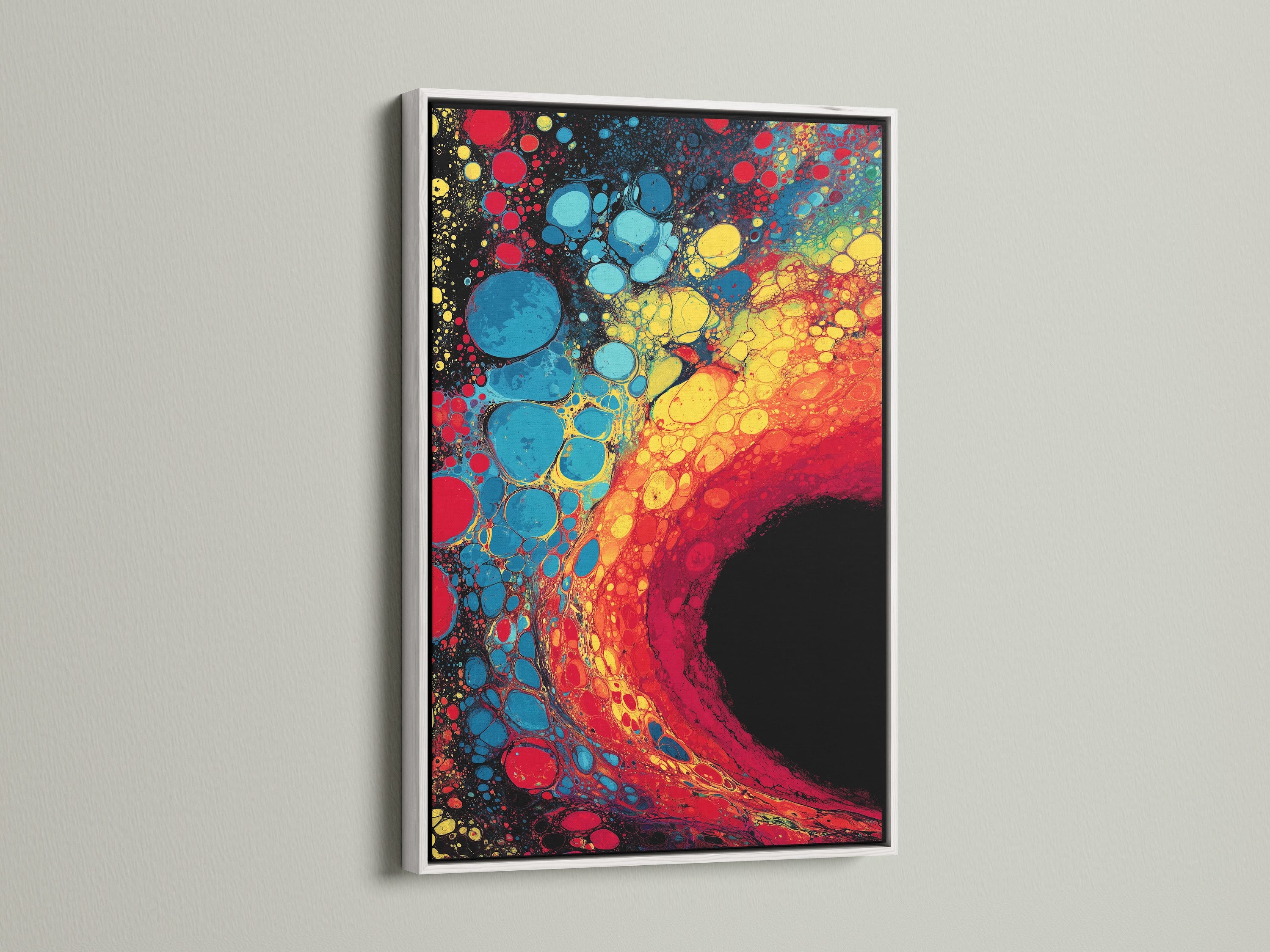 An abstract artwork is showcased in a clean white frame. The contrast against the white wall creates a modern look. This frame provides a fresh aesthetic. Enhance your art with a stylish white frame.