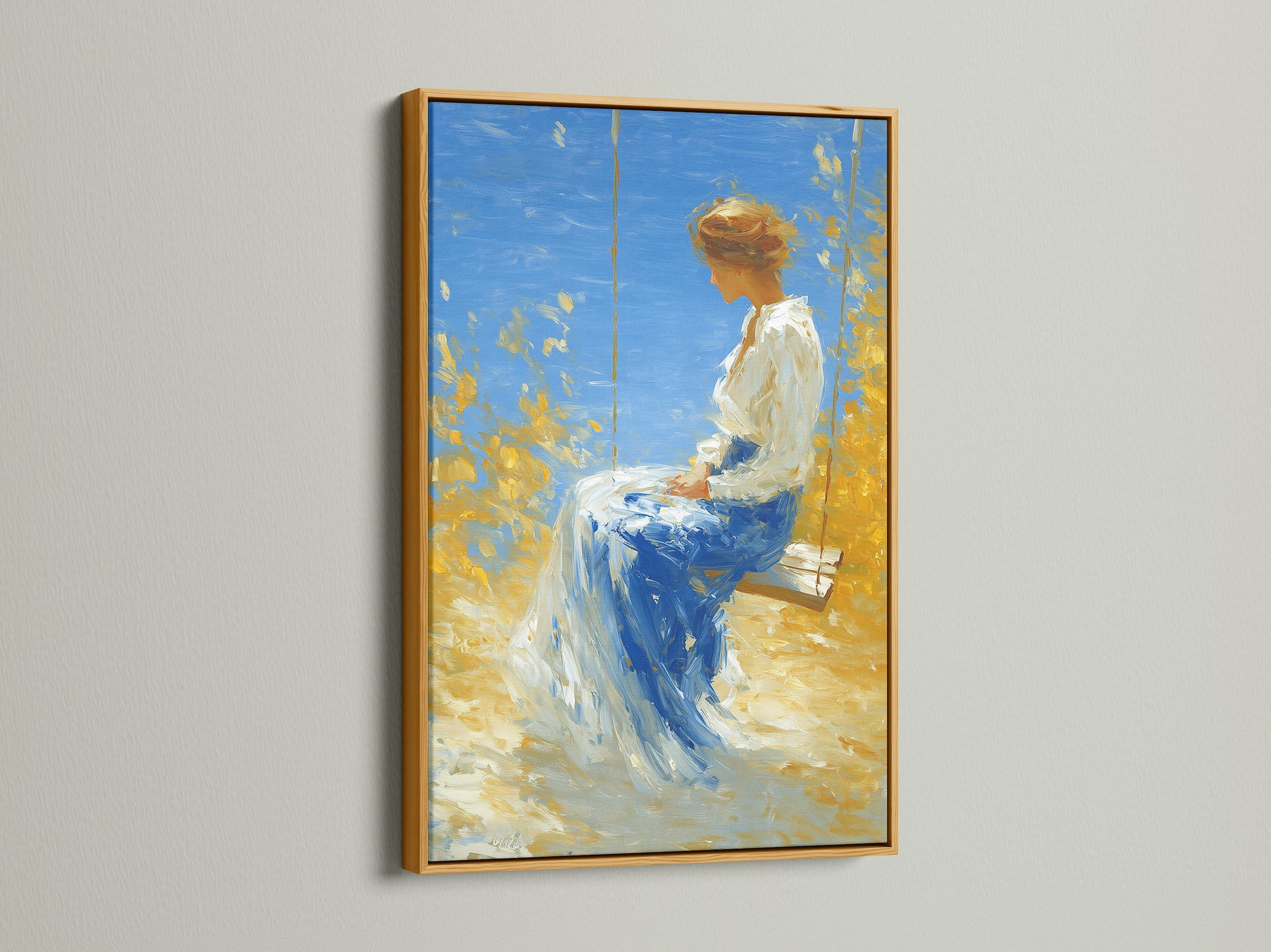 Artwork with a gold frame is displayed. The gold frame adds a touch of elegance and luxury. This frame enhances the art's richness and vibrancy. The gold frame brings a sense of opulence to any artwork. See how gold enhances art.