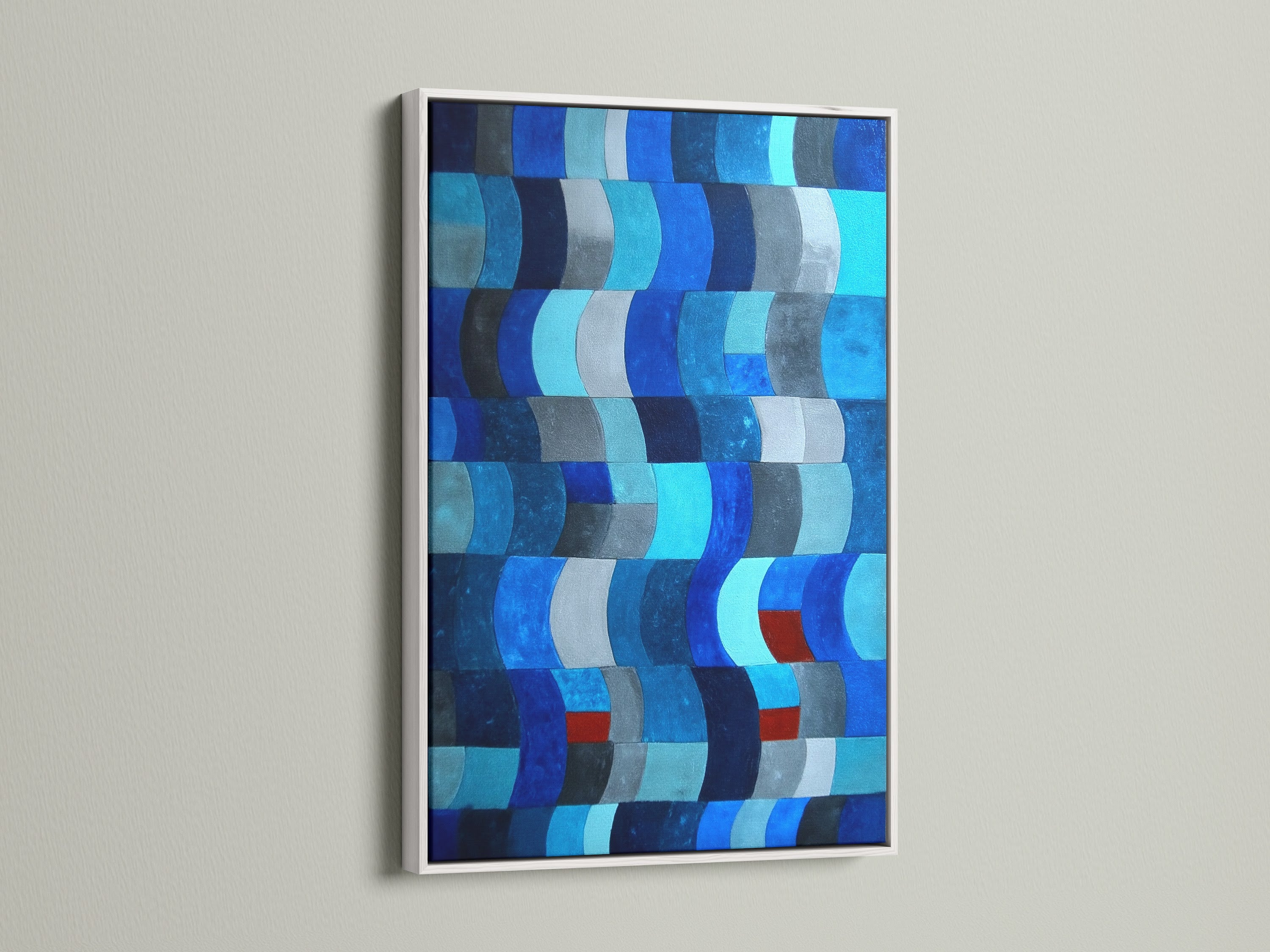 This image displays a modern abstract artwork framed in white. The white frame offers a clean contrast to the blue and gray tones. White is ideal for minimalist art styles. This piece will brighten any office or living space. Discover geometric prints for your home.