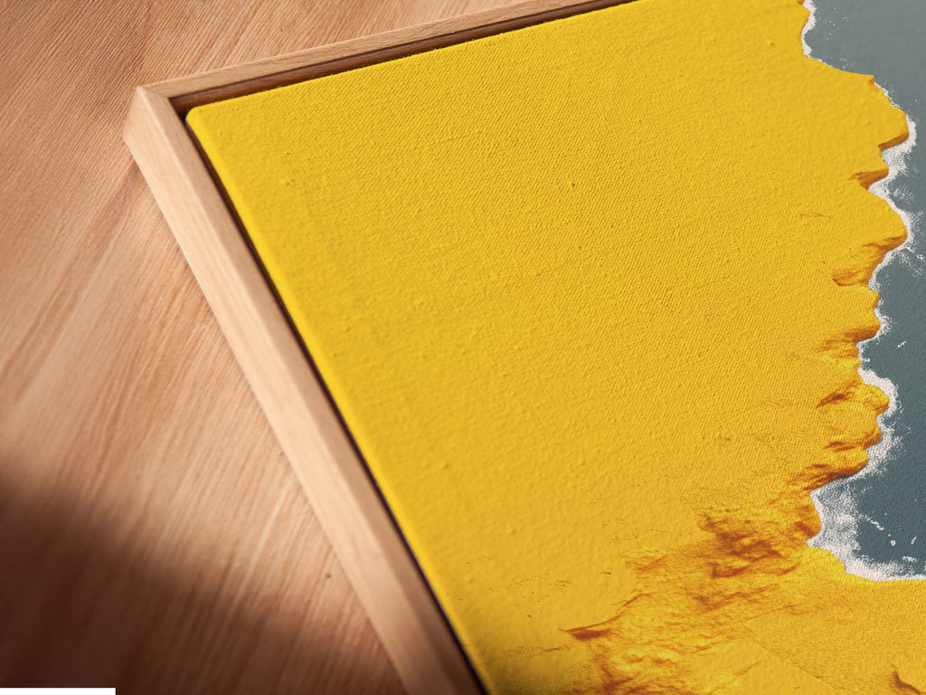 A close-up reveals a canvas print in a floating frame. The abstract gold river artwork is modern and stylish. This teal wall art is perfect for contemporary spaces. See the detail in this elegant floating frame artwork.