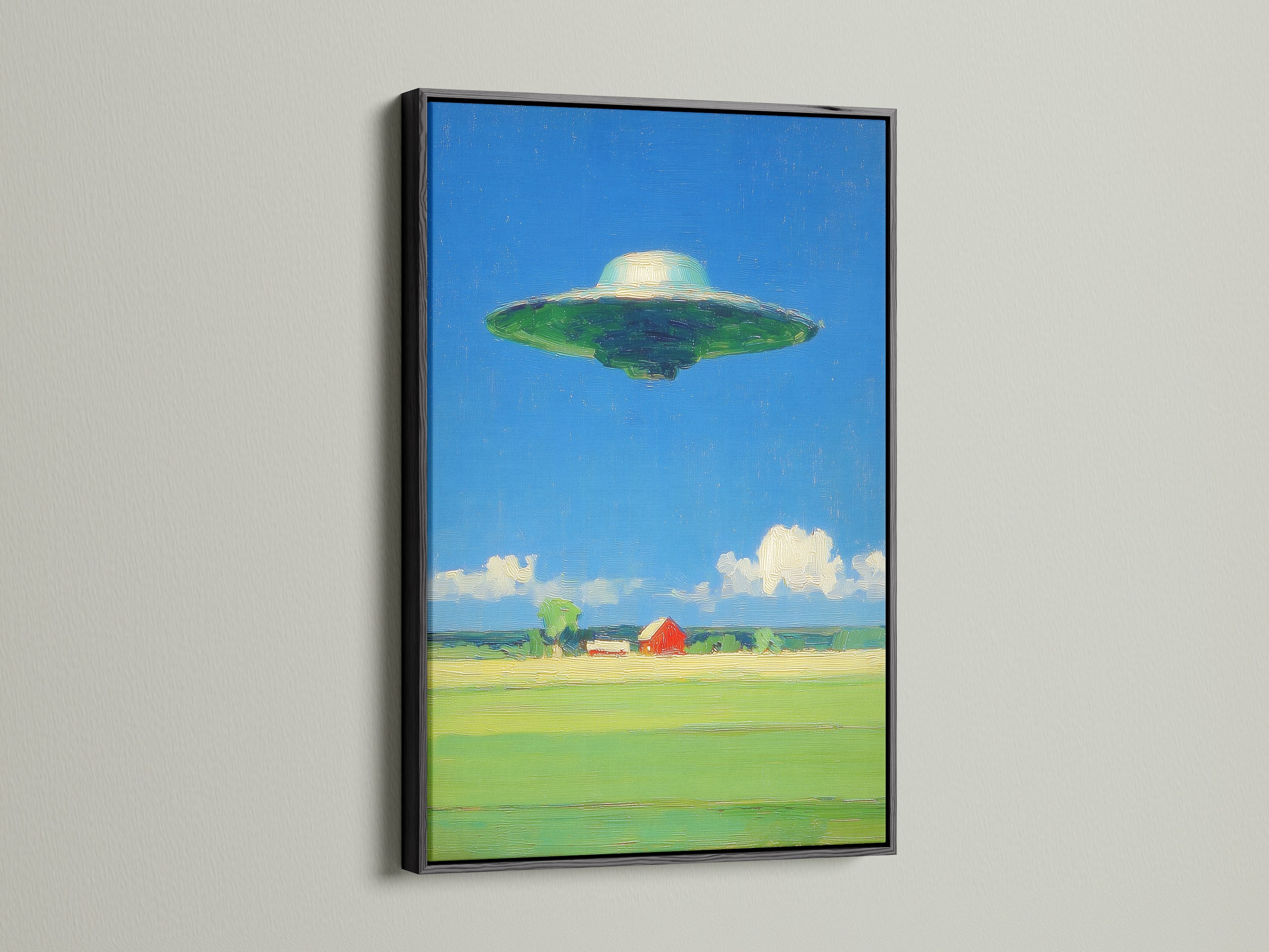 The black frame emphasizes the drama of this UFO art. The sci-fi canvas art makes a bold statement. The surreal landscape painting adds intrigue to any space. This piece is a great choice for modern interiors. The black frame enhances its retro space art appeal.