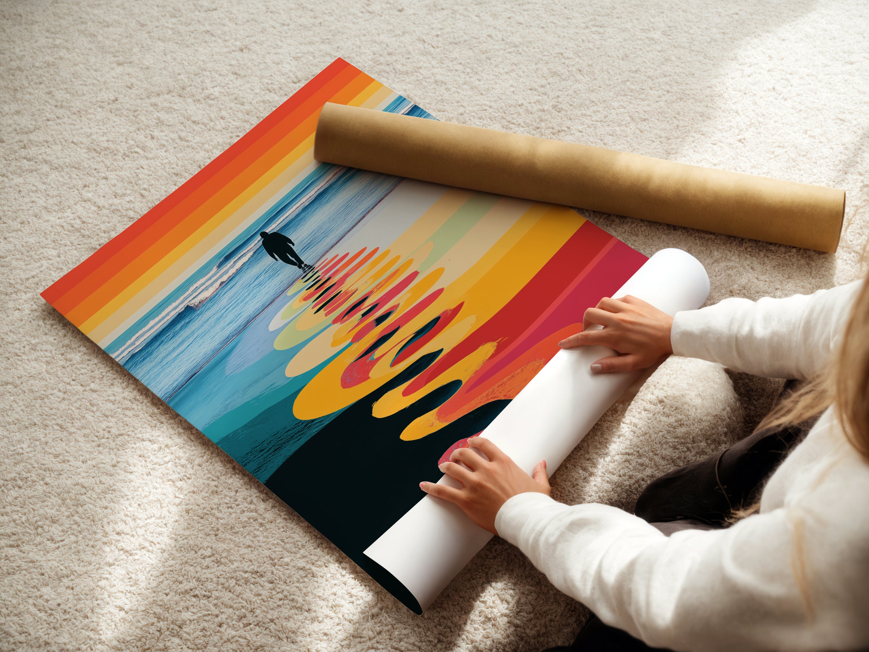A woman is carefully rolling a fine art poster paper. The retro striped seascape wall art is being prepared for shipping. This coastal artwork will bring a calming beach scene to your home. Perfect for those seeking elevated modern wall art. Get your seascape art print today.