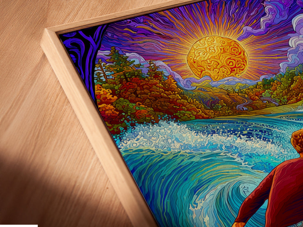 Psychedelischer Surfer Kunstdruck - Lebendige Ozeanwellen Wandkunst, buntes Surfposter, Boho Strand Dekor, Trippy Natur Kunstwerk