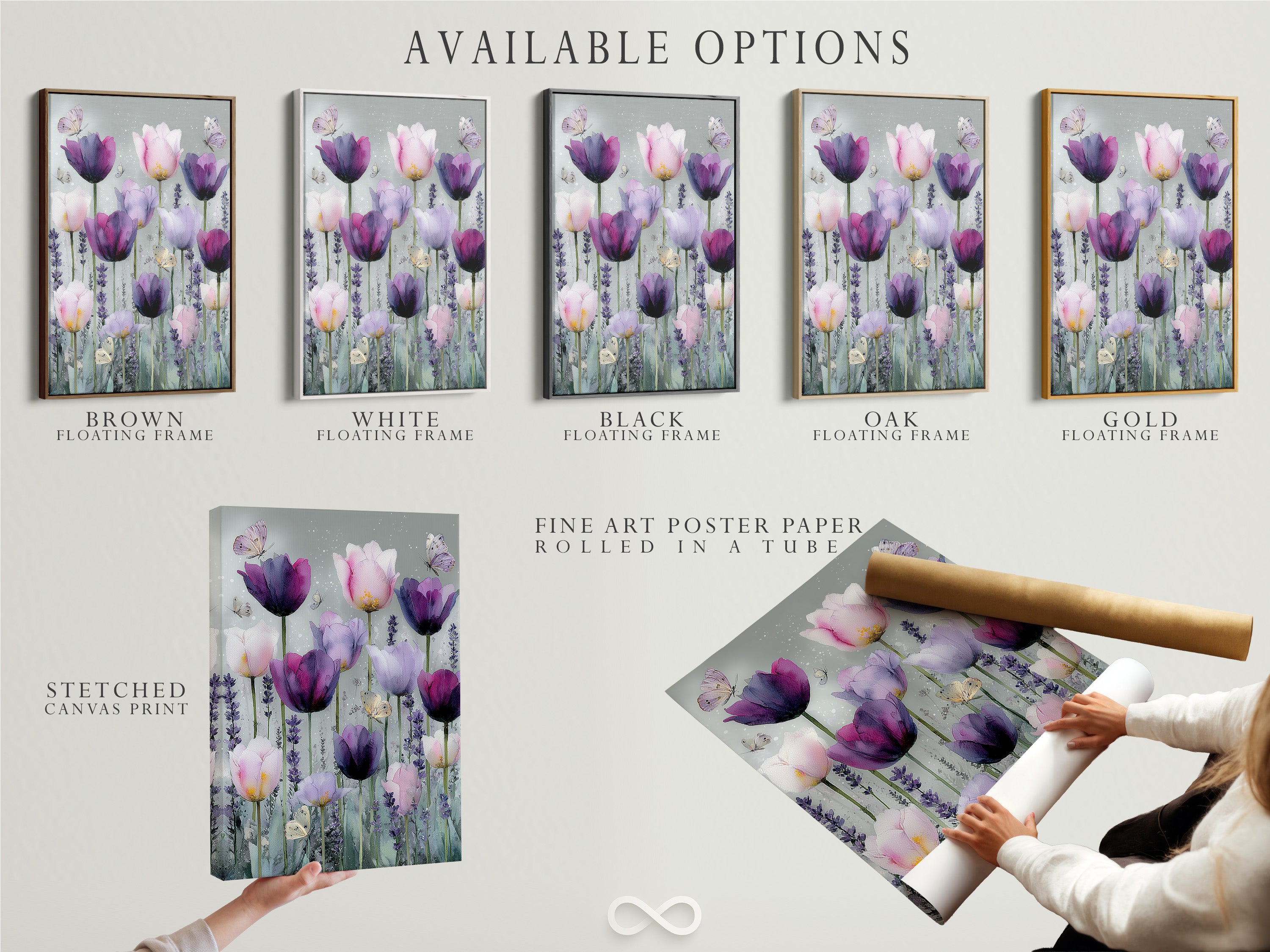 Available artwork options are displayed including a stretched canvas print. Also available is a fine art poster paper. A floating frame option is also shown. These options provide flexibility in how you choose to display your artwork. Each option enhances the art in its unique way.