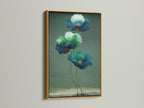 Admire floral canvas prints with a gold frame. This botanical art brings a touch of elegance to your home. Enjoy the luxurious feel of blue flower prints and green wall art. The perfect flower canvas art for any room.
