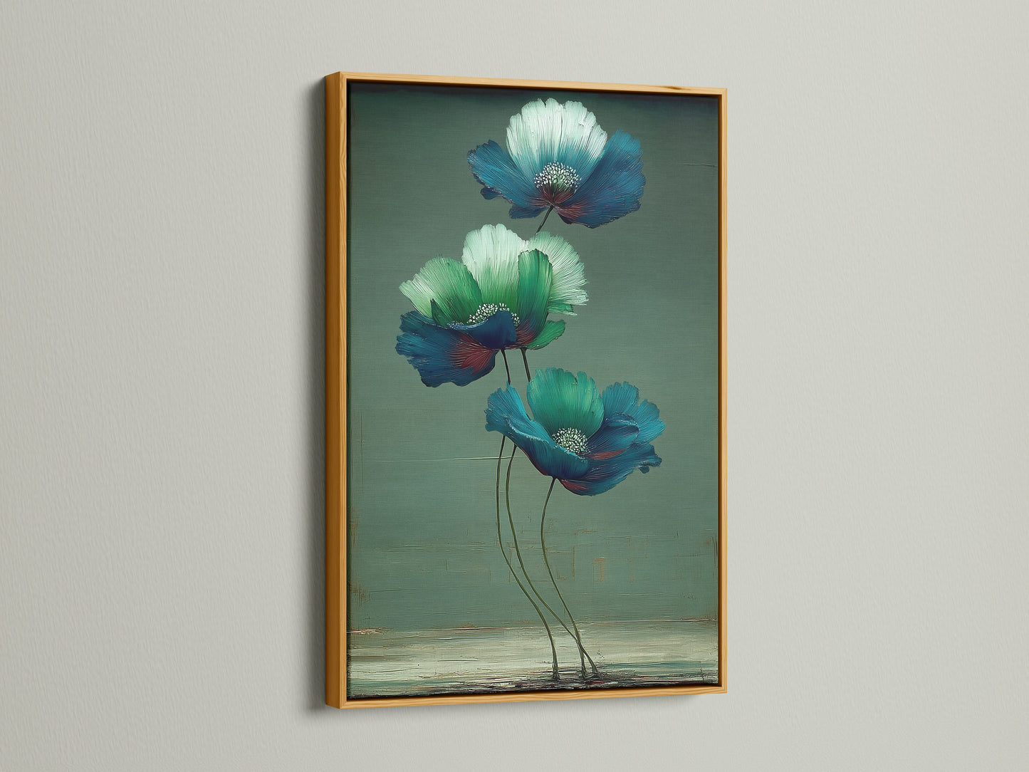 Admire floral canvas prints with a gold frame. This botanical art brings a touch of elegance to your home. Enjoy the luxurious feel of blue flower prints and green wall art. The perfect flower canvas art for any room.