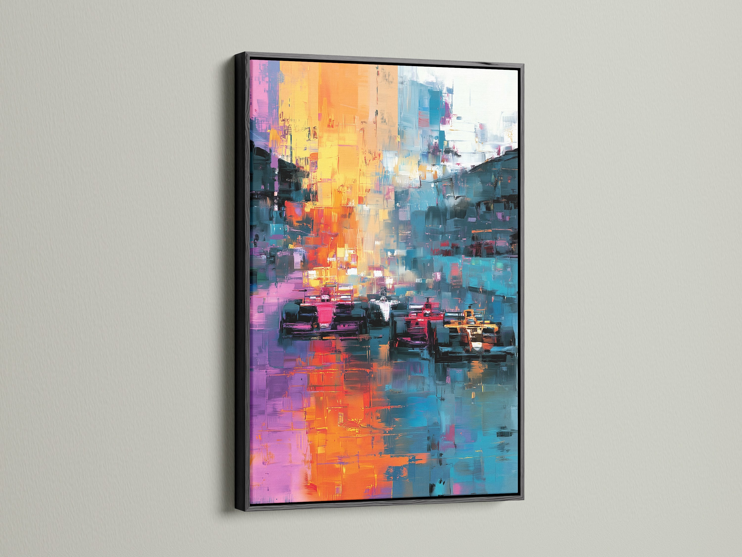Abstract race car artwork in a sleek black frame. The black frame makes the artwork pop. The art is displayed on a white wall. This framed art offers a modern touch. It is perfect for any room.