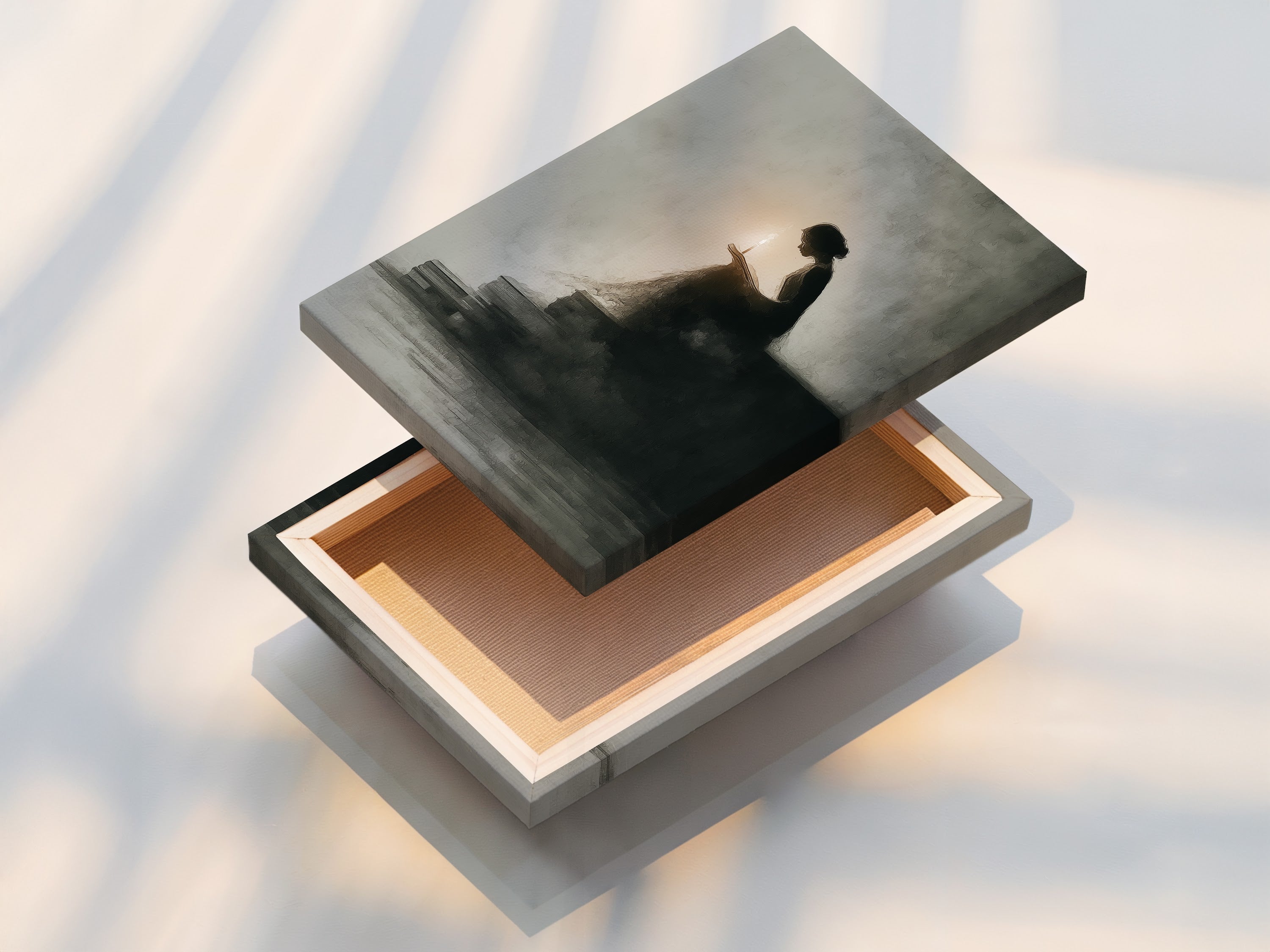 A stretched canvas print of a woman reading by candlelight. The canvas print is stretched and ready to hang. This gothic wall art will enhance any room. It is a perfect gift for a book lover.