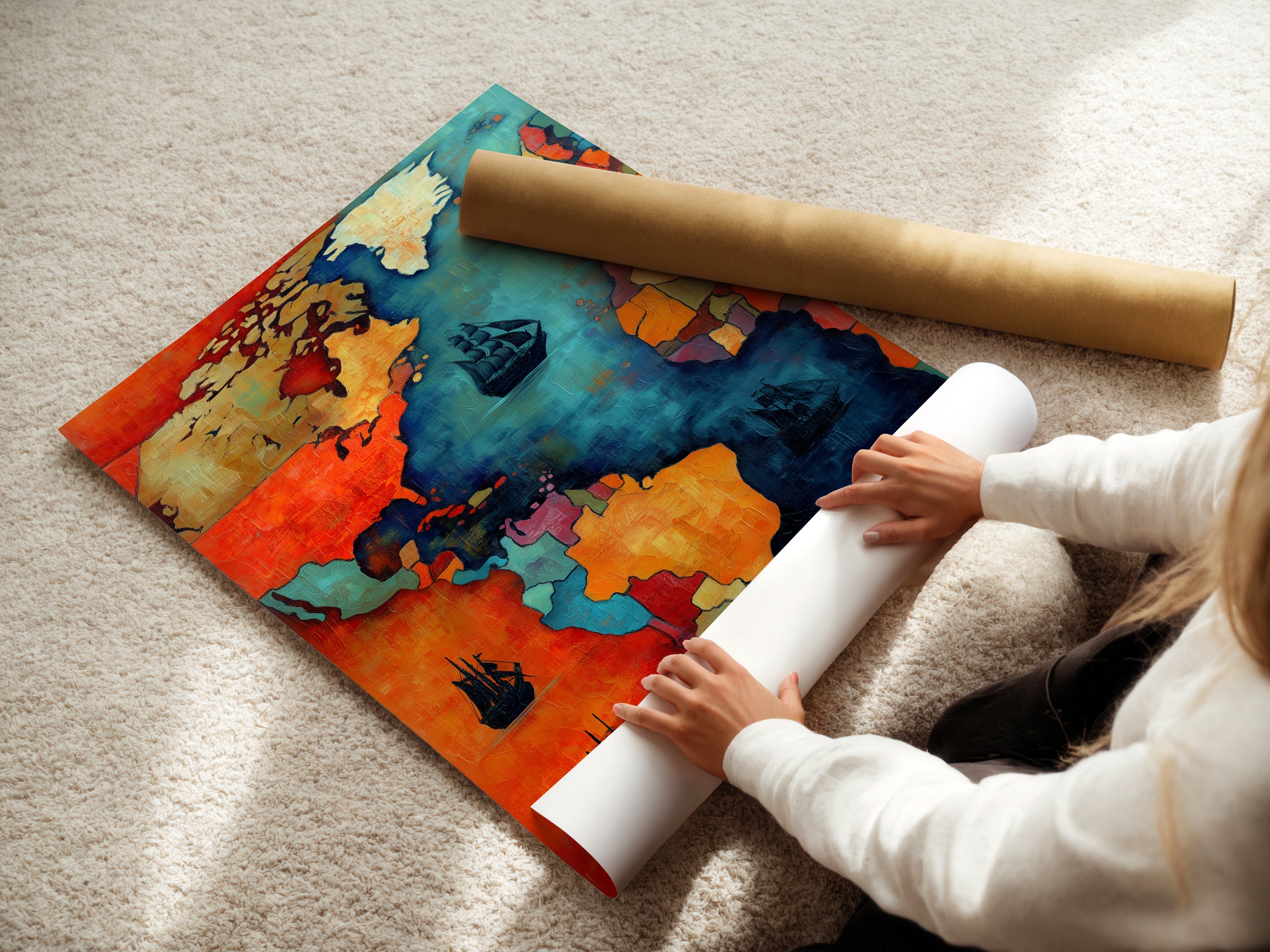 A woman is carefully rolling a fine art poster paper. The paper displays a vintage world map artwork. The nautical chart is detailed and vibrant. This fine art print is perfect for collectors. It makes a thoughtful gift for travelers and art enthusiasts. This is a great addition to any space.