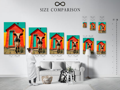 Size comparison chart for cow artwork in an interior setting. See how different sizes fit your space. Find the perfect size for your farmhouse wall art. Visualize the impact of your rustic barn animal artwork. Choose the ideal size for your decor.