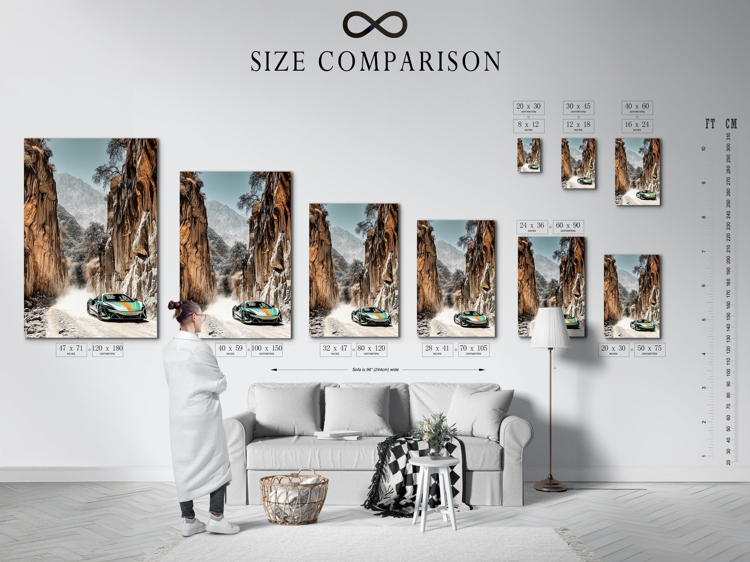 Size comparison chart in an interior setting displaying Sports Car Canyon Artwork. See how this desert landscape wall art fits in various spaces. The green sports car art is perfect for adding a touch of modern style to any room.