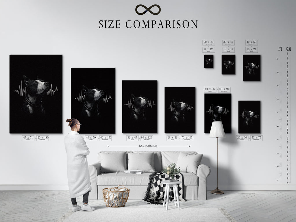 An interior shot displays a size comparison chart for the dog heartbeat artwork. See how different sizes fit in various spaces. Choose the perfect size for your veterinary office decor or home wall art.