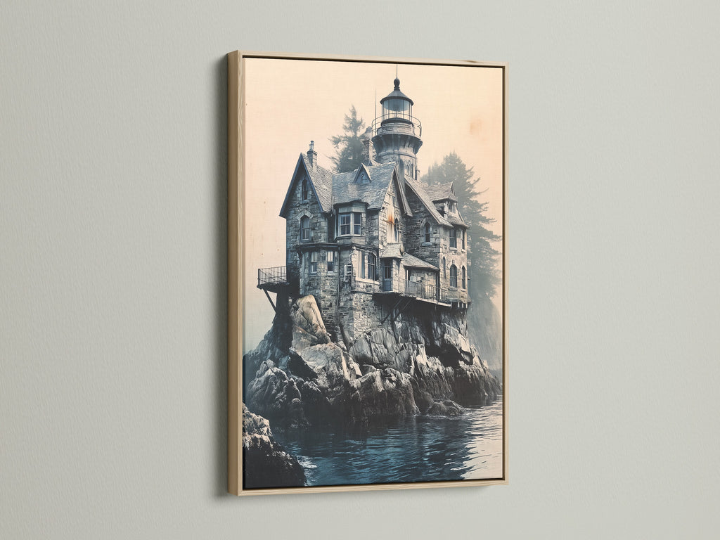 This Lighthouse Canvas Print is framed in oak. The artwork depicts coastal architecture and a stunning ocean view. This piece is perfect for adding a nautical touch to any room. It will elevate your home or office decor.