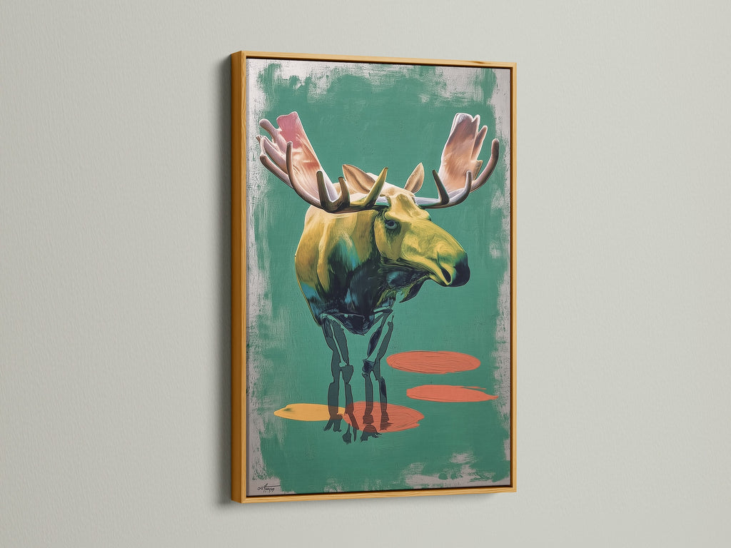 Artwork of a moose in a gold frame. The gold frame adds a touch of luxury and elegance. The artwork is matted and ready to hang. Enhance your home decor with a touch of glam. Create a focal point with framed artwork.