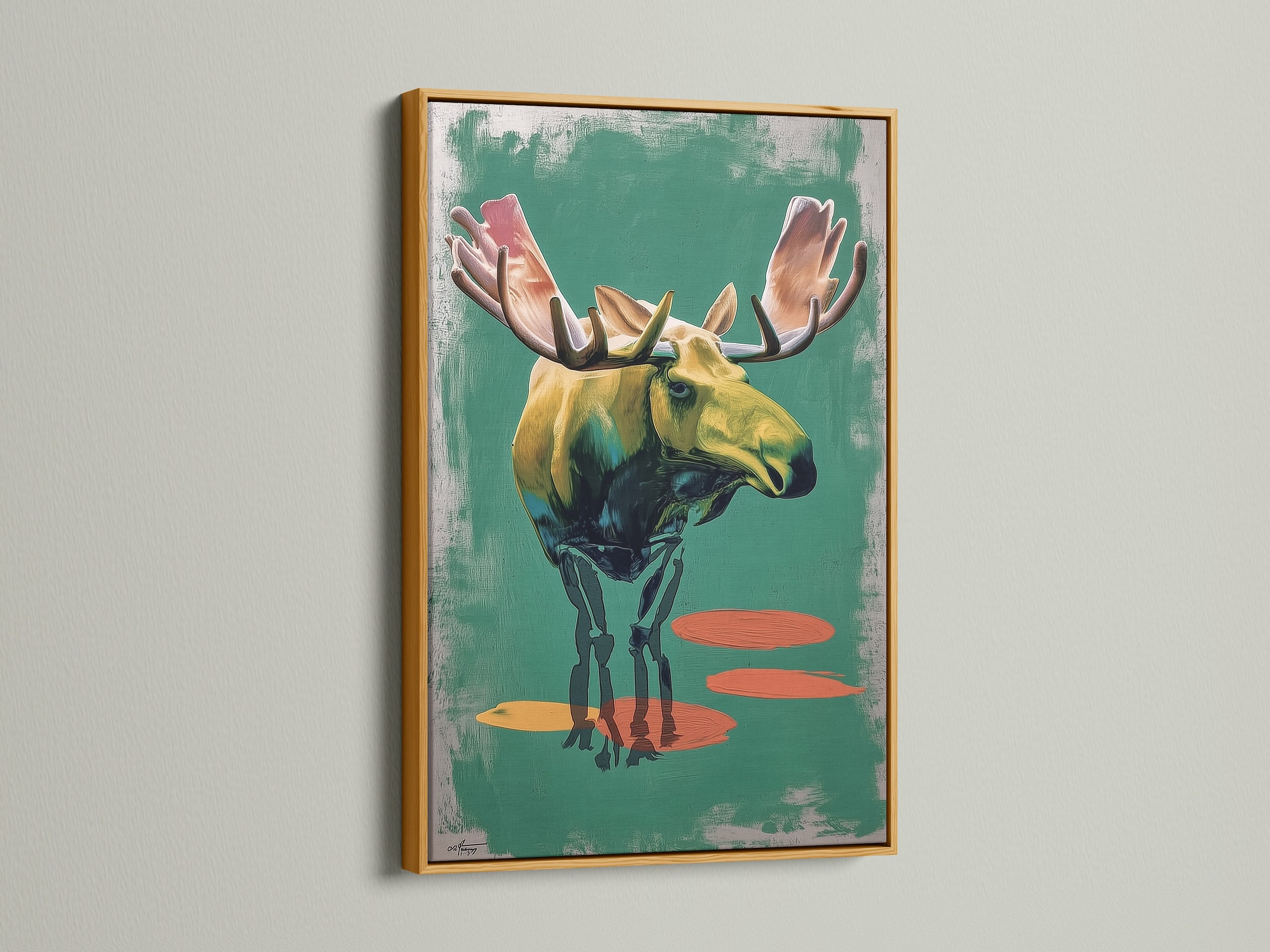 Artwork of a moose in a gold frame. The gold frame adds a touch of luxury and elegance. The artwork is matted and ready to hang. Enhance your home decor with a touch of glam. Create a focal point with framed artwork.