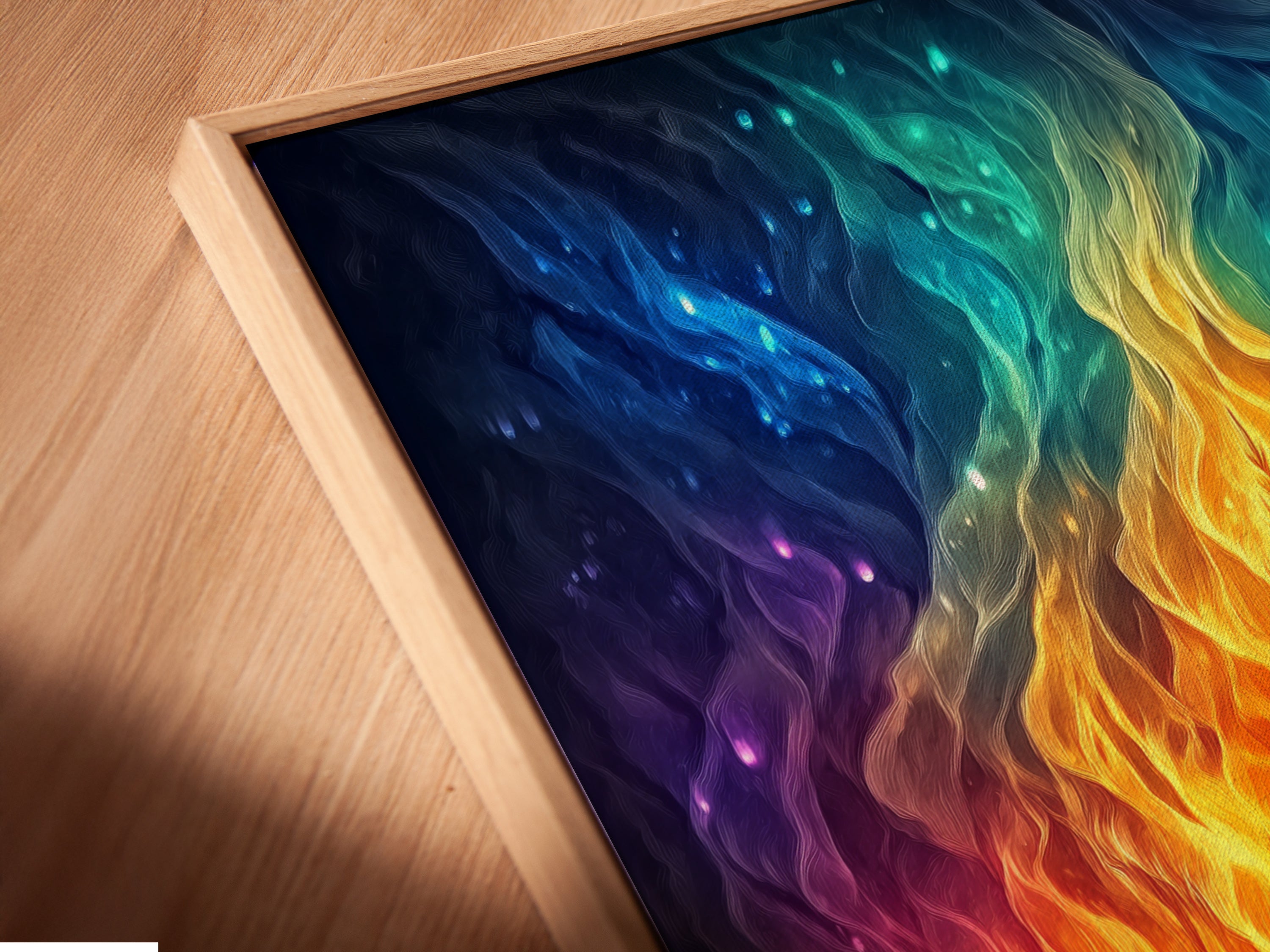 A close-up of the Aurora Forest canvas print in a floating frame. The angled view highlights the colorful artwork. See the fantasy landscape wall art details. The celestial tree artwork is perfect for home decor. It enhances living rooms and bedrooms.