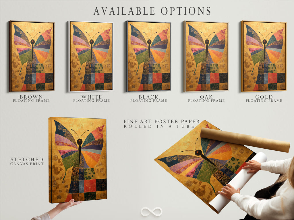 The photo presents available artwork options. Choose from a stretched canvas print. There is also a fine art poster paper and a floating frame. These options allow for complete customization.