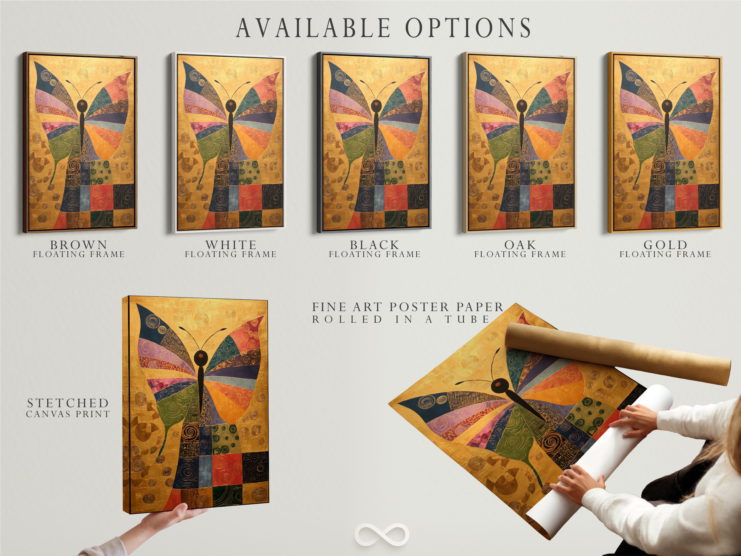 The photo presents available artwork options. Choose from a stretched canvas print. There is also a fine art poster paper and a floating frame. These options allow for complete customization.