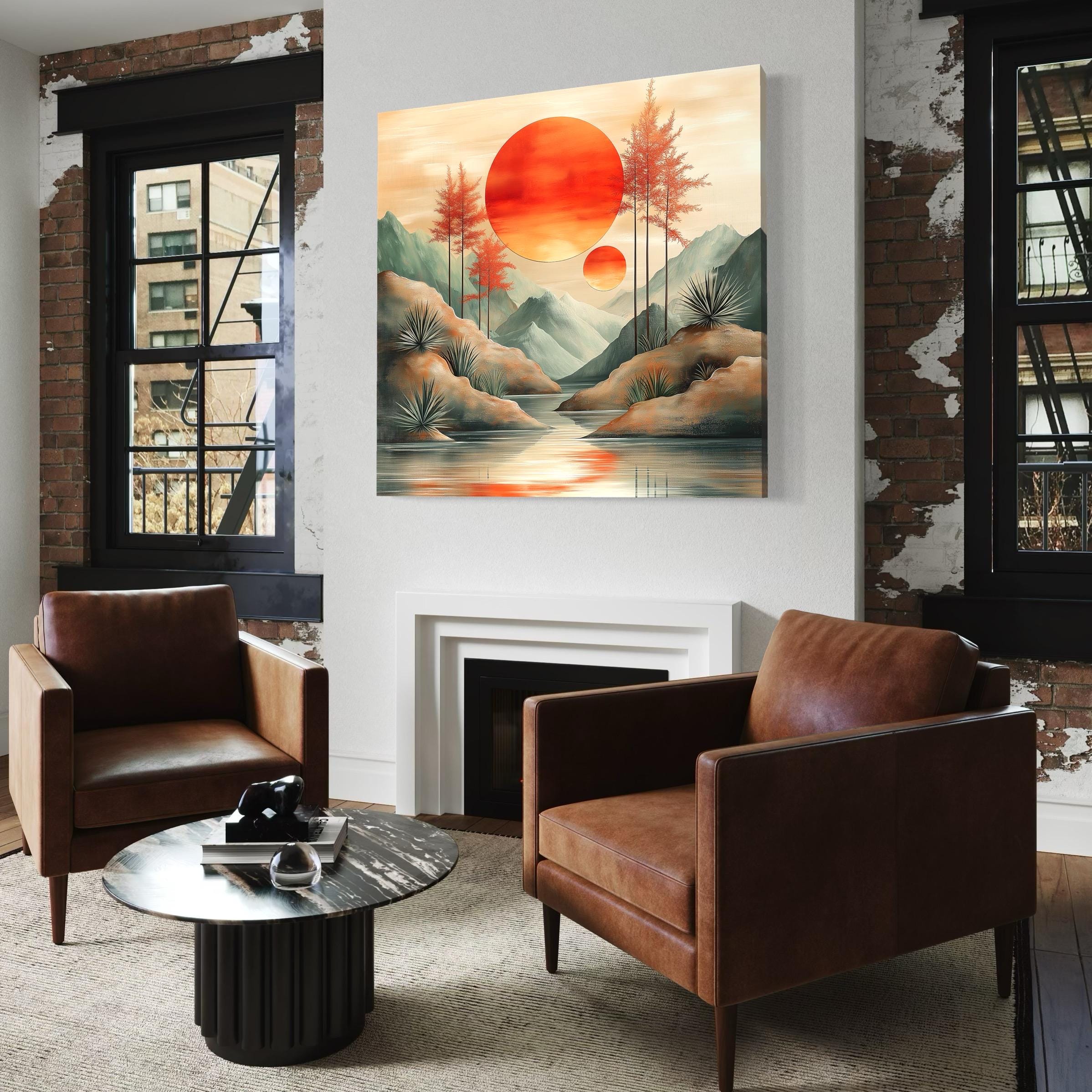 Minimalist Boho Wall Art - Abstract Mountain Canvas Art, Sunset Artwork, Muted Earthy Wall Decor, Calming Wall Art, Modern Abstract Mountain