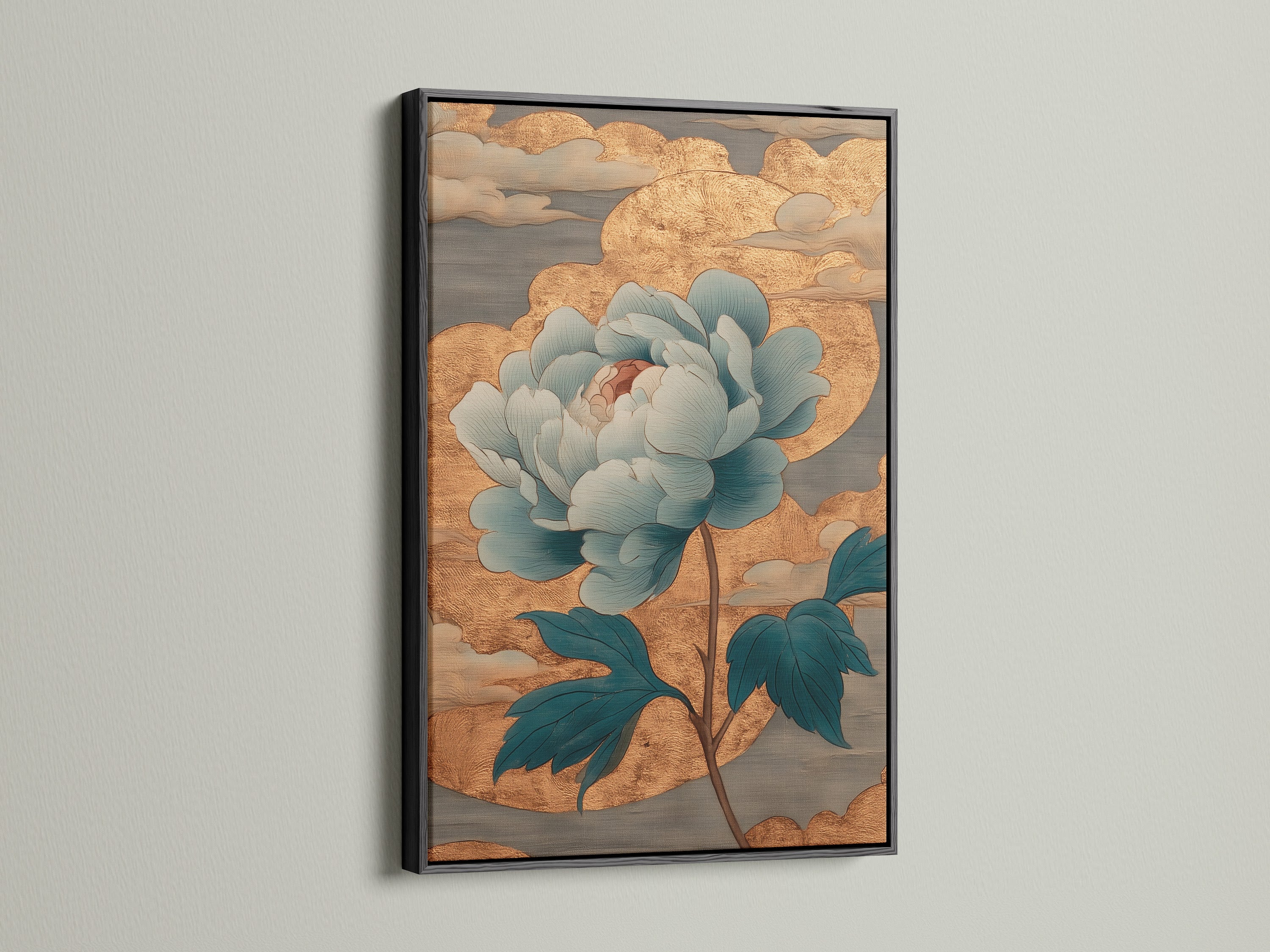 Black frame showcasing a blue flower artwork. The dark frame accentuates the artwork's colors. This frame provides a sophisticated and classic appearance. Suitable for any room. The black frame adds a touch of elegance.