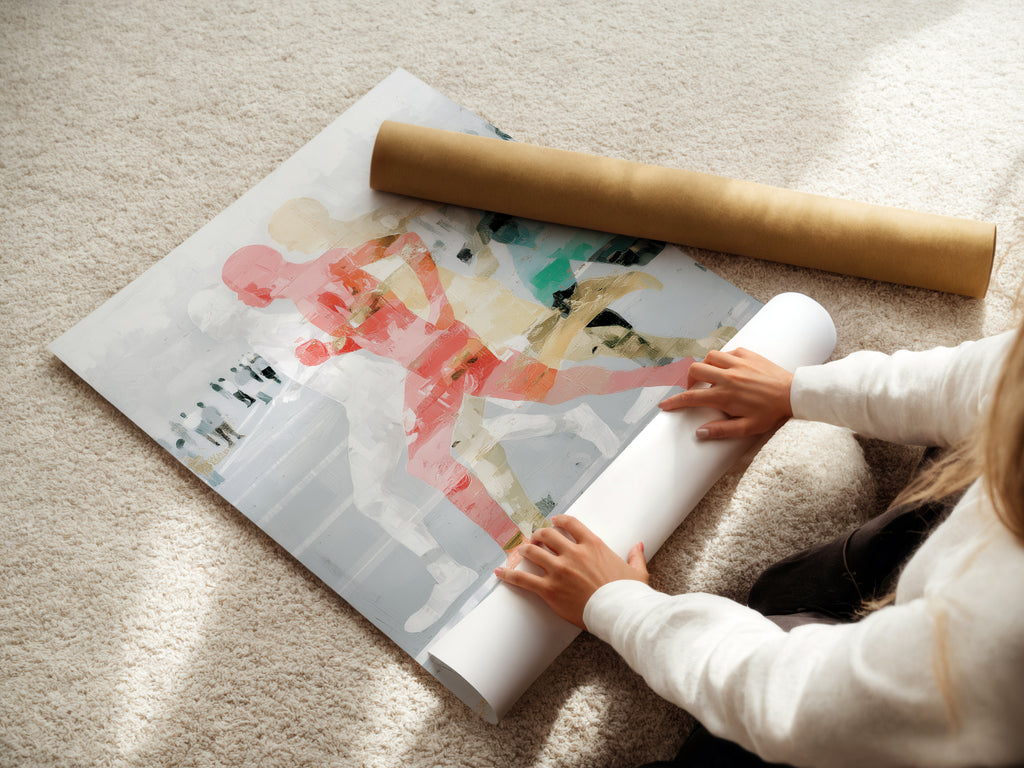 A woman is carefully rolling a fine art poster paper. Preparing an Abstract Runners art print for display. The contemporary figure art print is perfect for modern wall art. This motion art print captures the essence of athletic wall art.