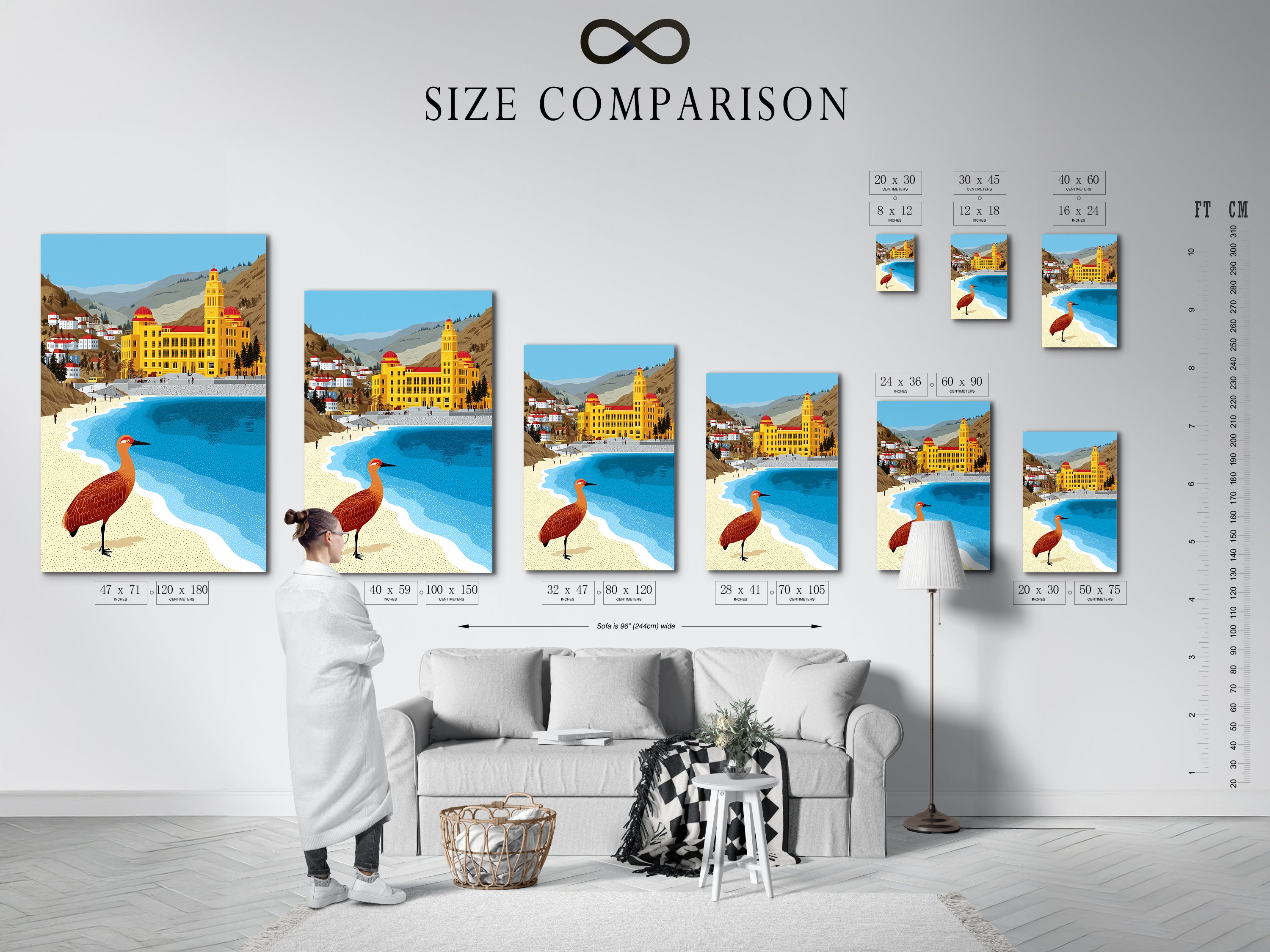 Size comparison chart in an interior setting showcasing coastal artwork. Visualize the perfect fit for your beach town art. Seaside decor for any room size. Ochre and teal art print options are available. Architecture art for your home.