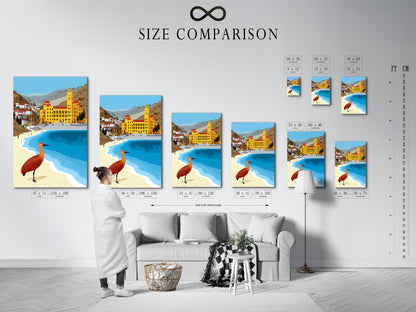 Size comparison chart in an interior setting showcasing coastal artwork. Visualize the perfect fit for your beach town art. Seaside decor for any room size. Ochre and teal art print options are available. Architecture art for your home.