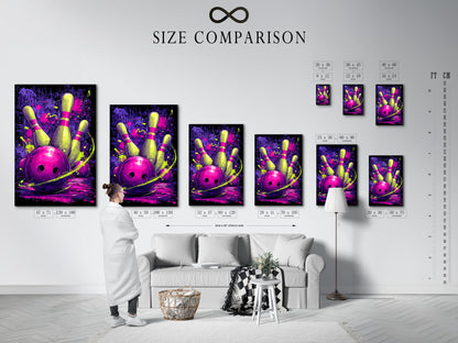 A size comparison chart is displayed in an interior setting. See how this neon purple sports wall art fits in various spaces. The retro bowling alley canvas print enhances your game room decor. Choose the perfect size for your bowling strike artwork. Visualize the impact on your wall.