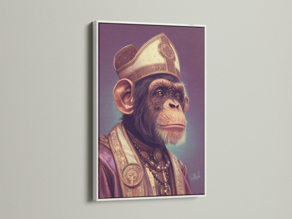 This chimp pope art print is presented in a clean white frame. The bright frame accentuates the artwork's vibrant purple and gold tones. This surreal wall art brings a touch of whimsy and sophistication to any room. It's a perfect addition to a contemporary or eclectic home office decor.