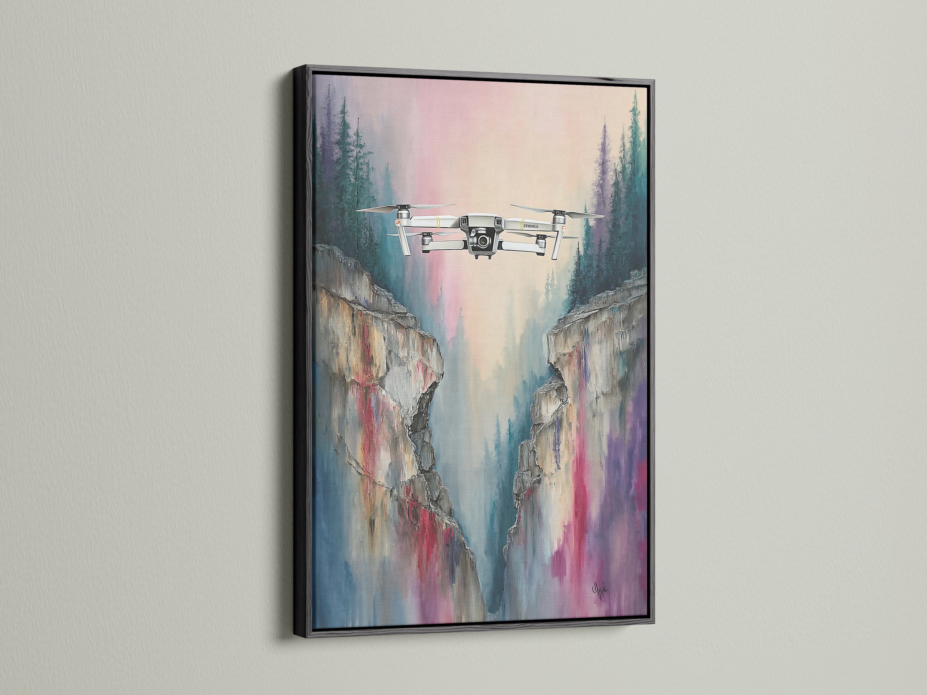 Drone flight artwork of a mountain cliff scene. It is presented in a sleek black frame. This aerial canvas adds a sophisticated touch to any space. Ideal for modern artwork enthusiasts. The black frame accentuates the landscape print. Perfect for office or home.