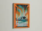 An oak frame showcases Aurora Borealis artwork. See the Nordic landscape wall art through an open window view. Teal and orange colors enhance this Scandinavian decor. This artwork is perfect for modern spaces.