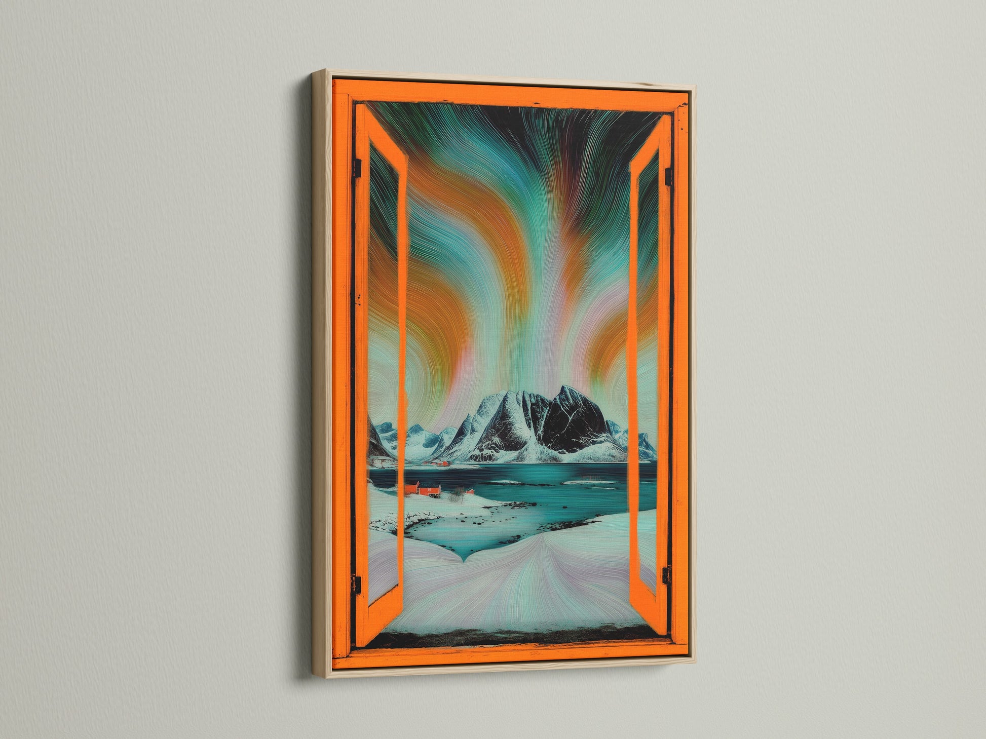 An oak frame showcases Aurora Borealis artwork. See the Nordic landscape wall art through an open window view. Teal and orange colors enhance this Scandinavian decor. This artwork is perfect for modern spaces.