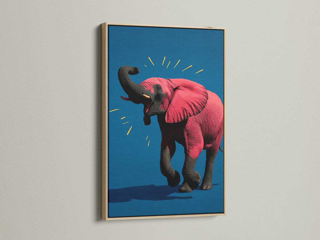 A pink elephant artwork is showcased in a classic oak frame. This animal wall art brings a contemporary touch to any space. The vibrant pop art canvas is perfect for adding character to a nursery or office. The oak frame enhances the artwork's modern aesthetic.