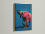 A pink elephant artwork is showcased in a classic oak frame. This animal wall art brings a contemporary touch to any space. The vibrant pop art canvas is perfect for adding character to a nursery or office. The oak frame enhances the artwork's modern aesthetic.