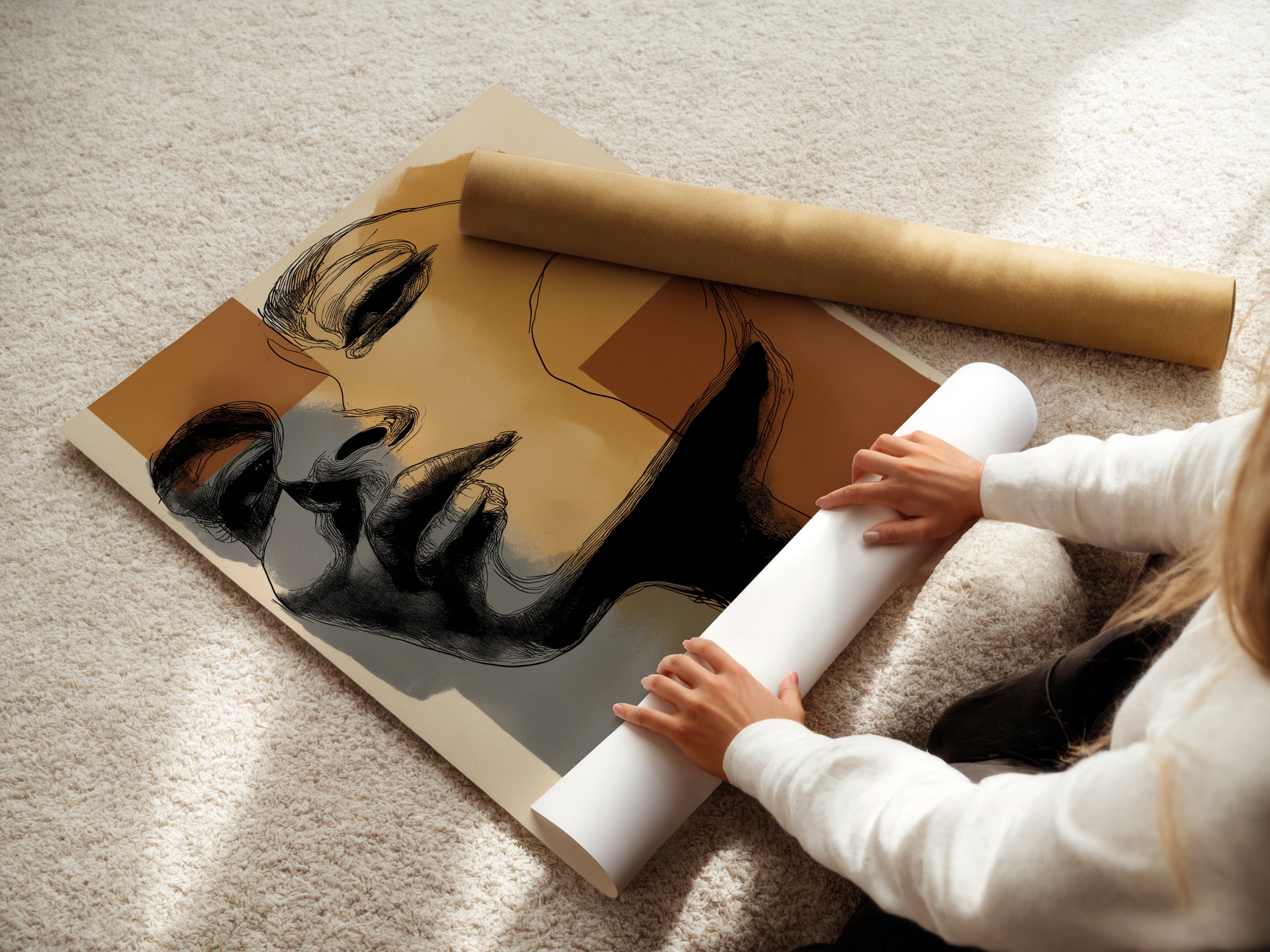 A woman carefully rolling a fine art poster paper print. High-quality materials ensure a stunning abstract portrait. Perfect for modern wall art collections. Bring minimalist elegance home today.