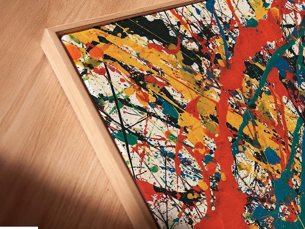 This image provides a close-up of a canvas print in a floating frame. The floating frame gives a modern and sophisticated look. The artwork appears to float within the frame. Perfect for showcasing canvas prints. Our floating frames enhance the art's visual appeal. Add a contemporary touch to your space.