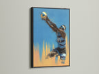 Athletic wall decor featuring a black frame. The black frame provides a bold contrast to the blue and orange art. This combination creates a striking visual impact. Great for gyms and modern spaces.