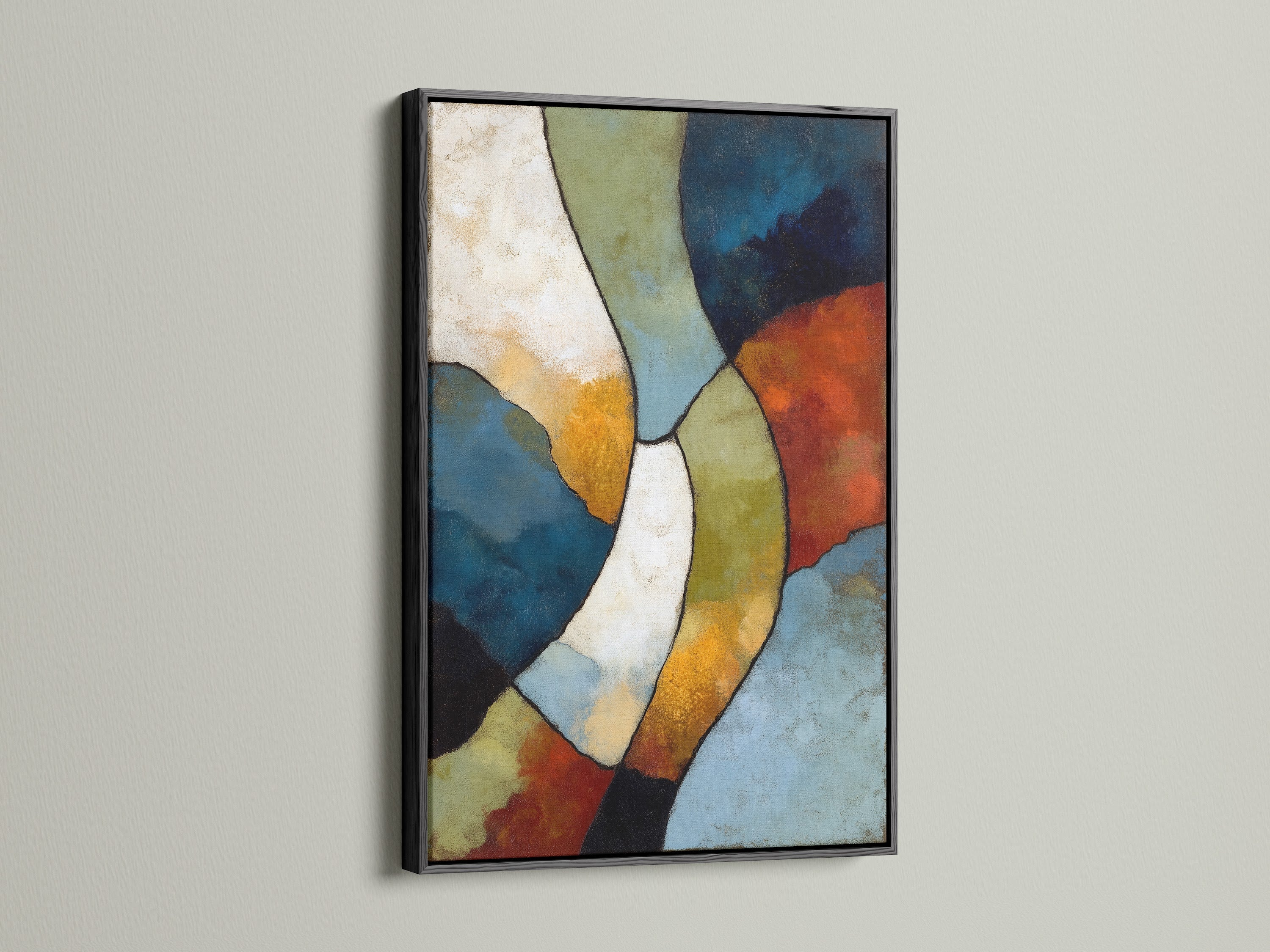 A sleek black framed abstract geometric artwork is showcased. This modern wall art is a perfect addition to office wall decor. The artwork features earth tone prints and contemporary design. A great choice for studios lobbies clinics and cafés.