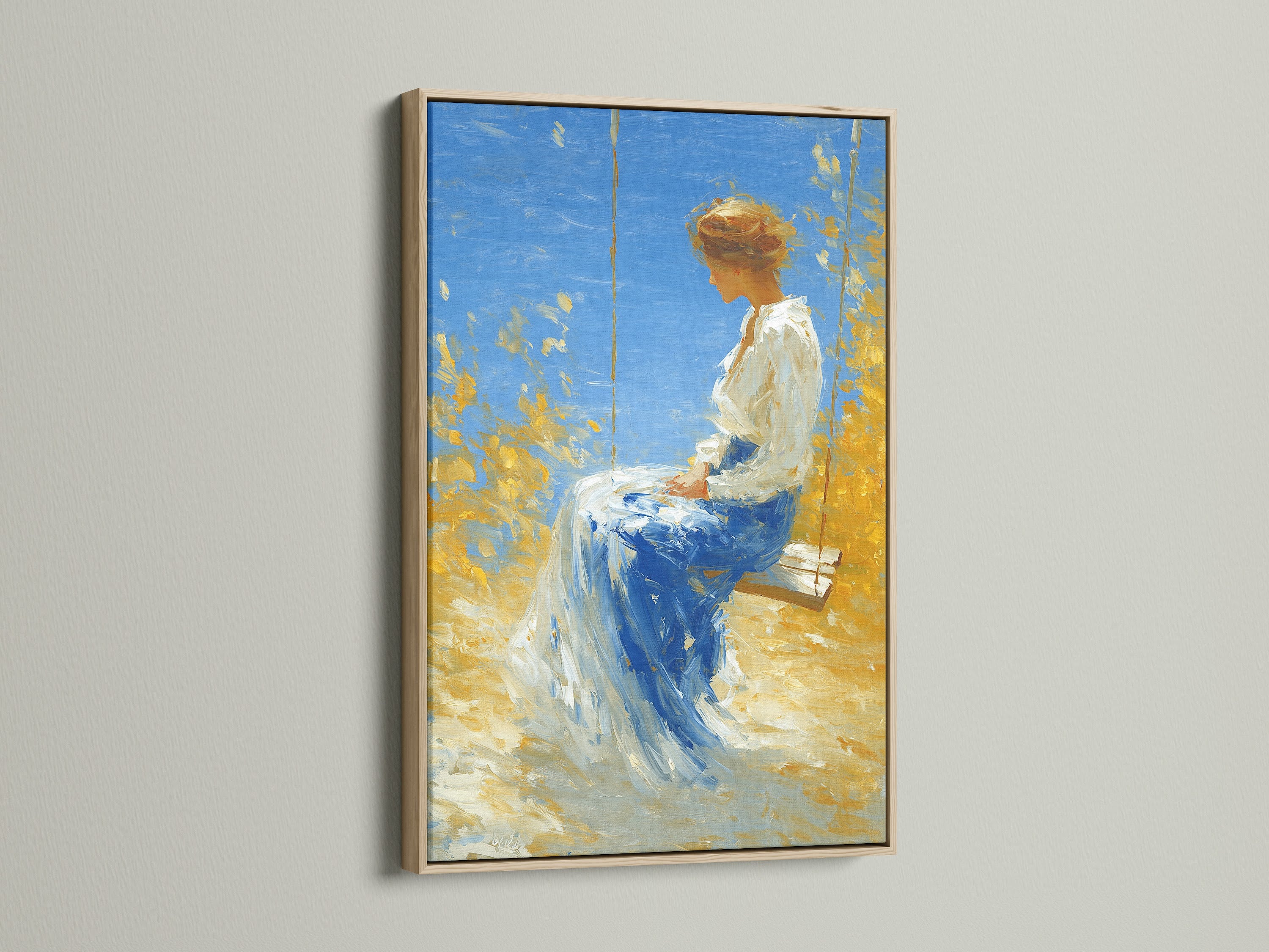 Artwork with an oak frame is displayed. The oak frame adds a warm and natural touch to the artwork. This frame enhances the art's beauty. The oak frame provides a classic and timeless look. See how oak enhances art.