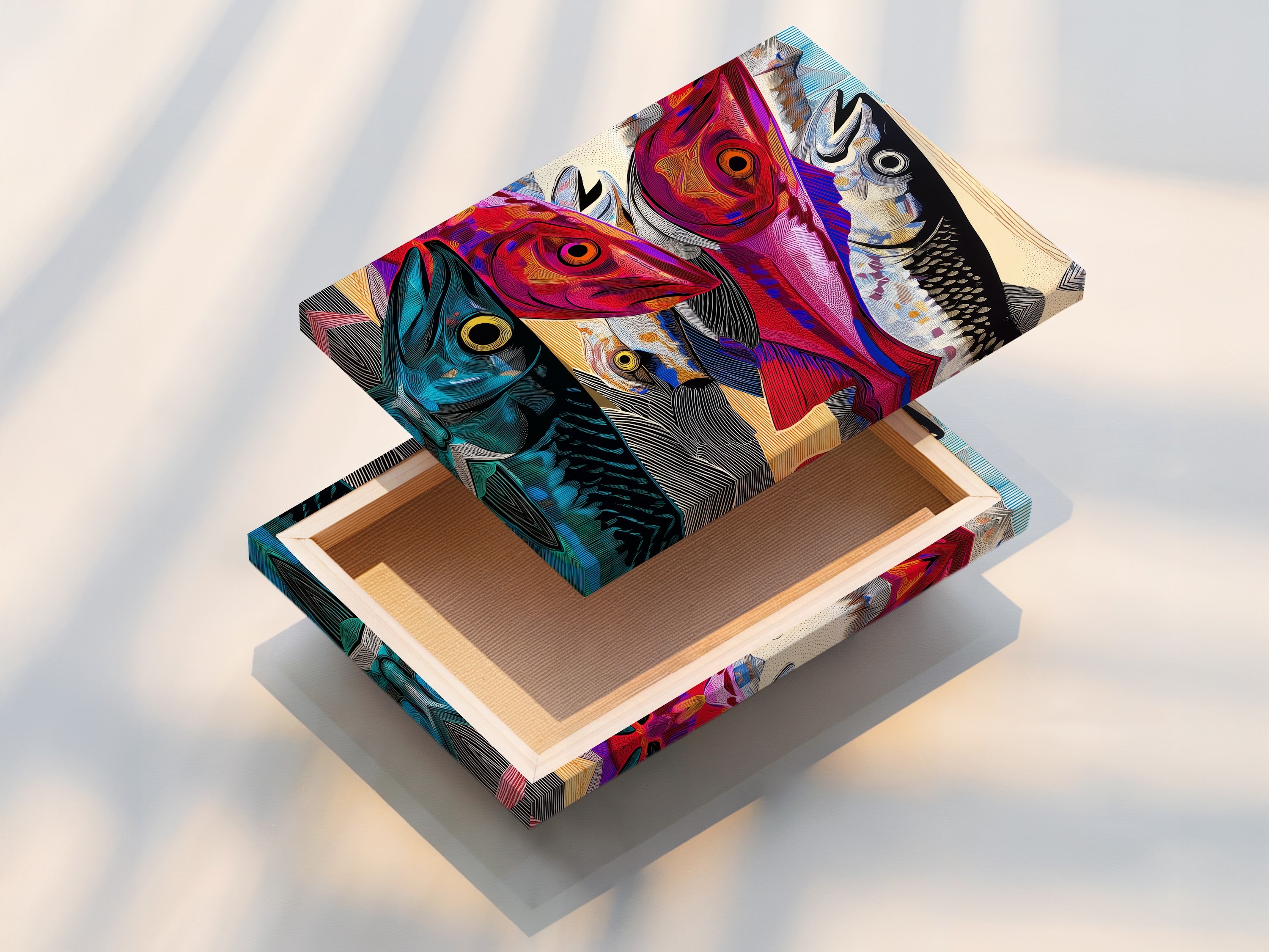 A stretched canvas print showcases the colorful fish artwork. The stretched canvas provides a gallery-ready look. This modern ocean art transforms any room. The vibrant fish print becomes a focal point.