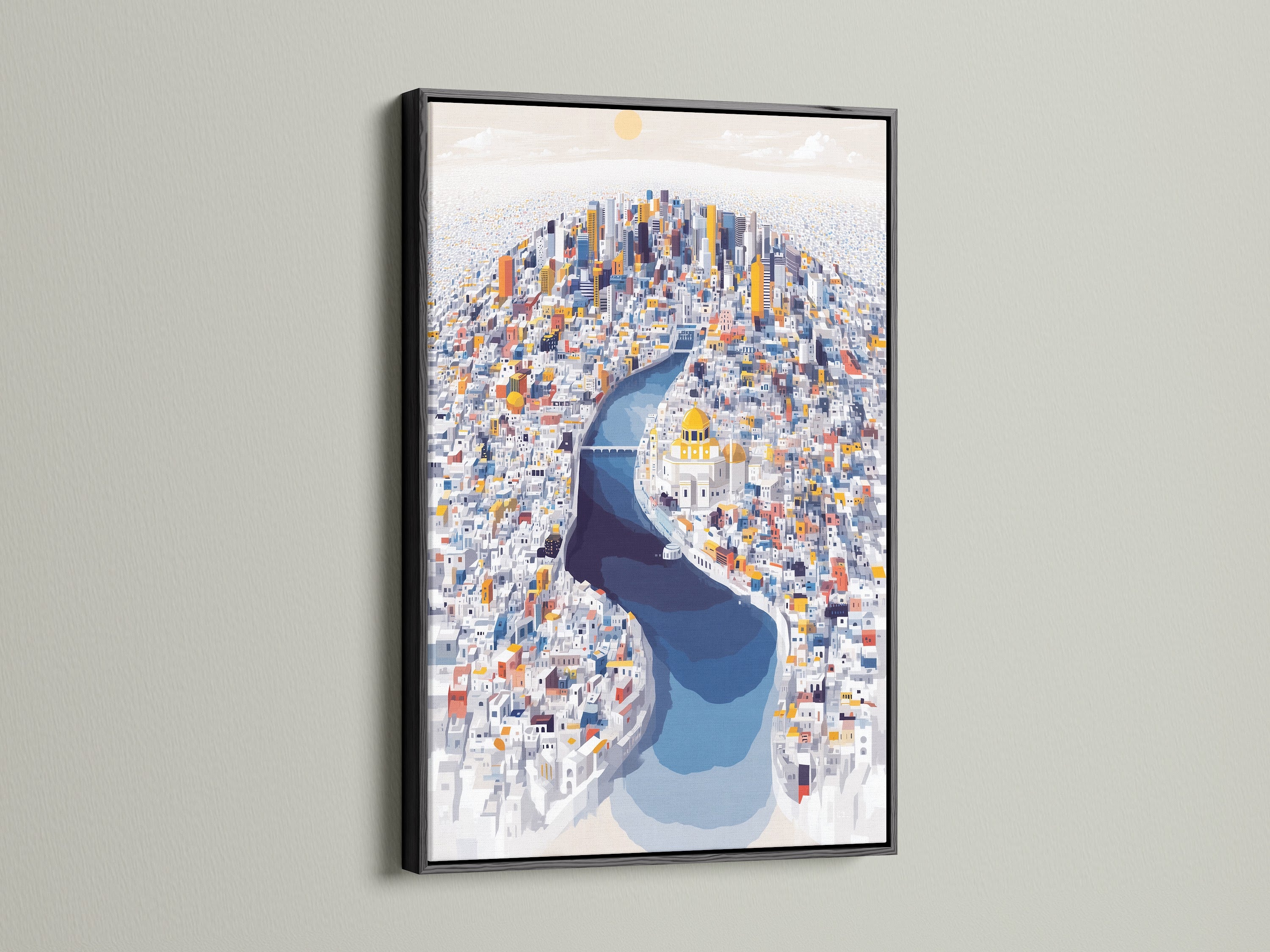 The cityscape artwork is elegantly presented in a black frame. This urban canvas offers a bold and modern statement. Its architectural details are highlighted by the frame. Enhance your office wall decor with this striking piece. The black frame adds a touch of sophistication and style.