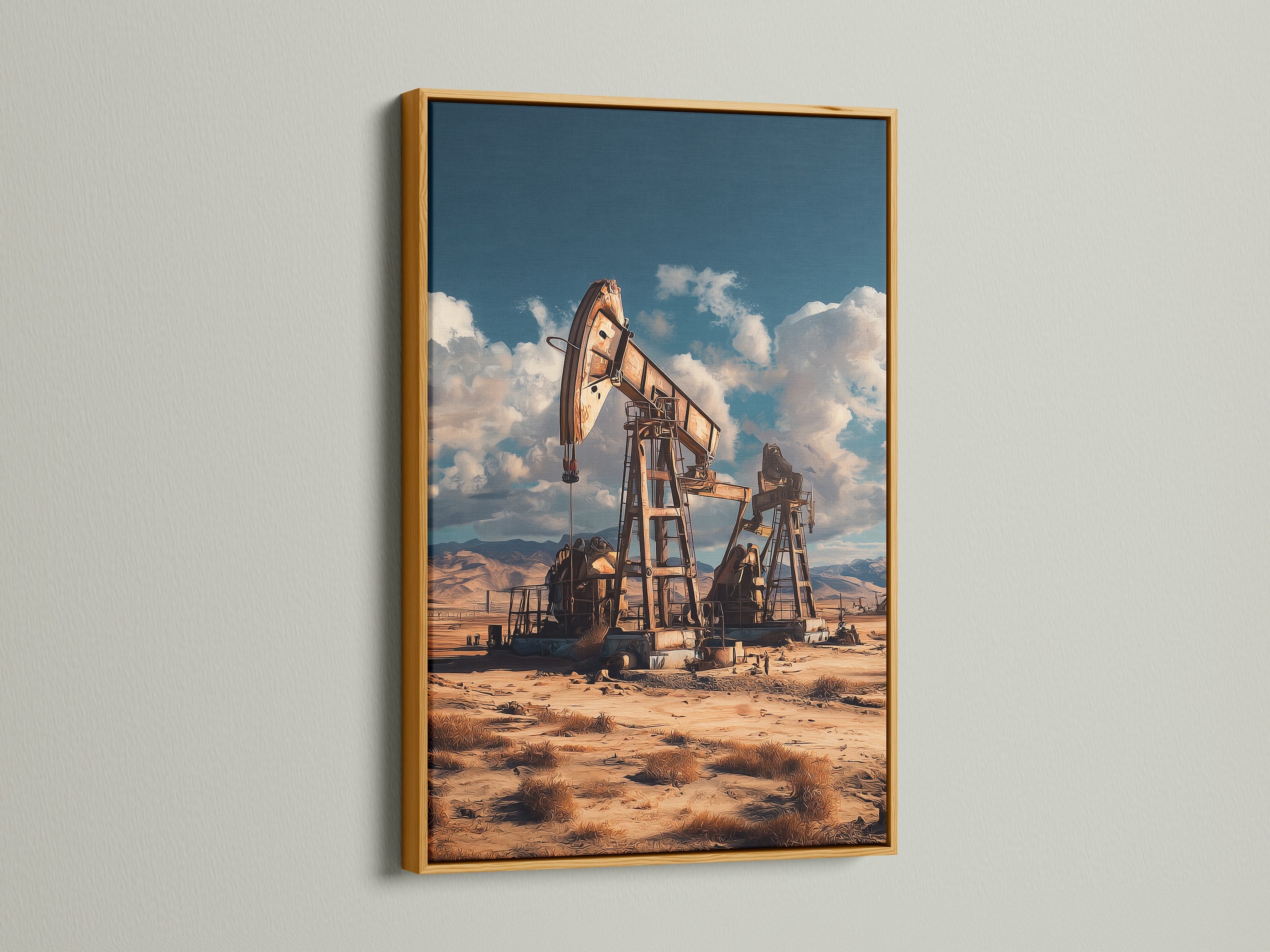 Elevate your space with this oil field canvas print in a gold frame. This desert landscape artwork adds a touch of vintage elegance. The pump jack print shines in the gold accent. Ideal for sophisticated office decor or rustic home accents. A luxurious industrial touch.