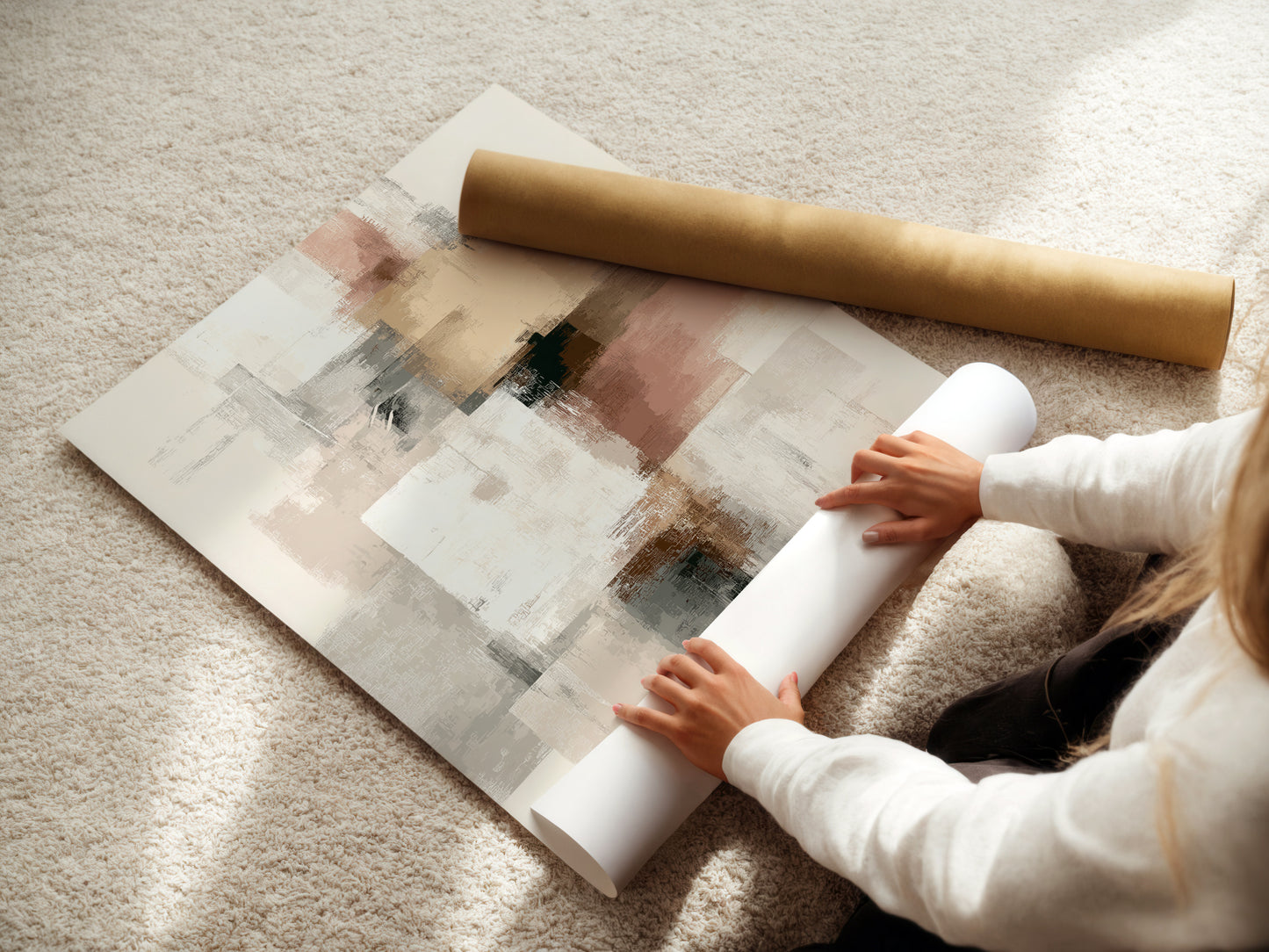 A woman carefully rolls a fine art poster paper. The poster features abstract artwork. It has neutral blush pink and gray tones. This modern minimalist print is ideal for various spaces. The fine art paper ensures a high-quality print. Perfect for framing and display.