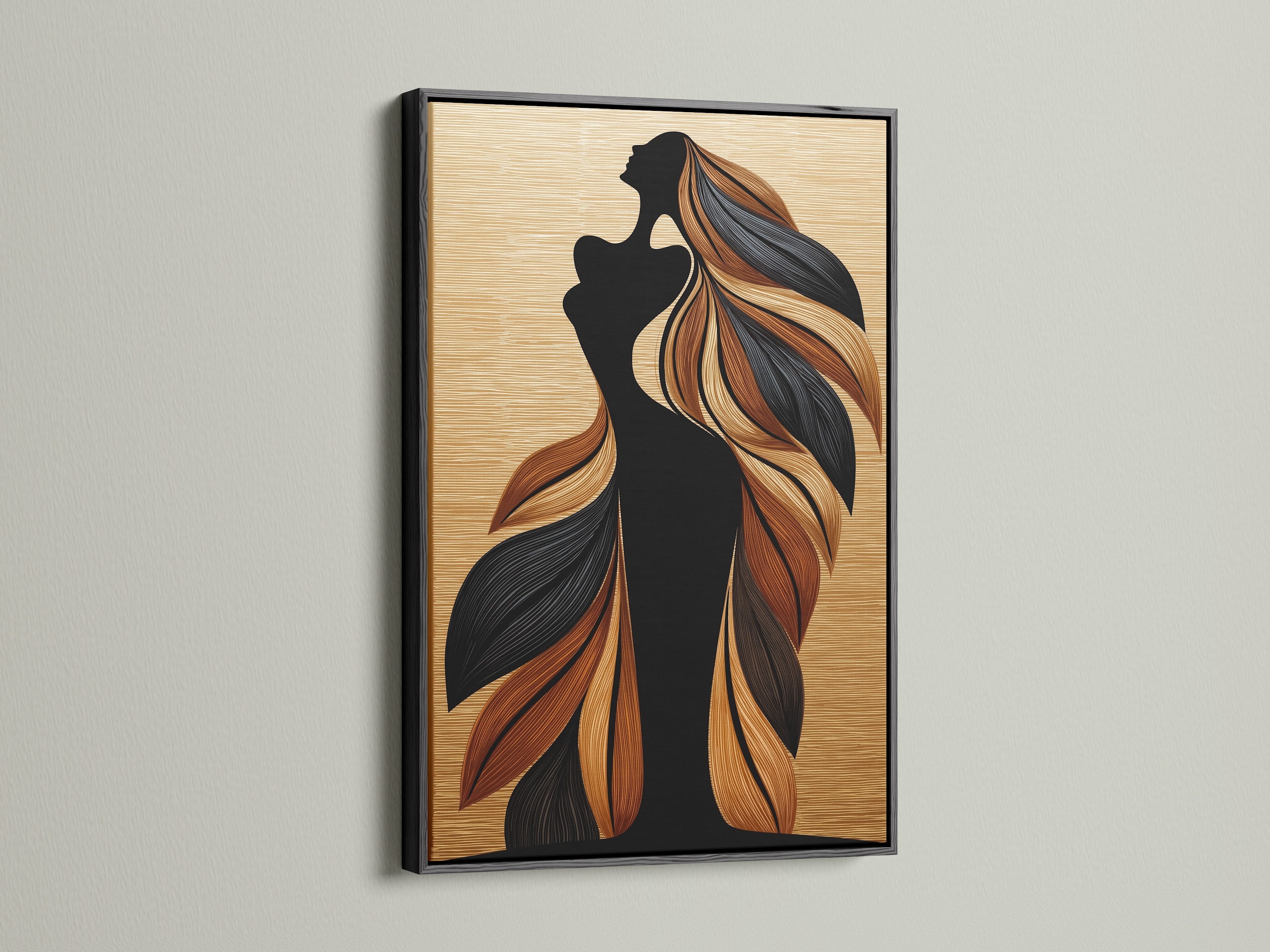 The black frame accentuates the woman silhouette artwork. Flowing hair and figure canvas art make a bold statement. This piece is ideal for modern decor. The black frame adds a touch of sophistication. Perfect for creating a focal point in any room. This artwork is ideal for minimalist and contemporary settings.