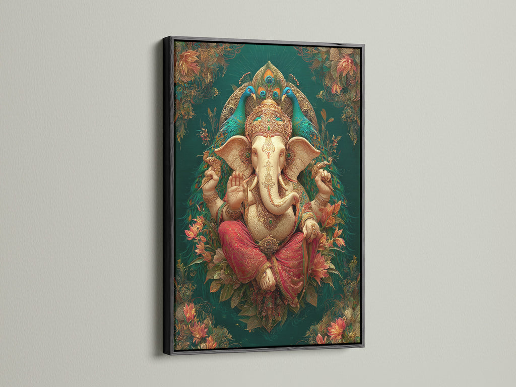Ganesha Wall Art presented in a black frame. The artwork is a Hindu canvas print. The elephant god art is both spiritual and bold. The teal and gold colors create a striking contrast. Ideal for spiritual canvas and elephant wall art.