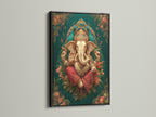 Ganesha Wall Art presented in a black frame. The artwork is a Hindu canvas print. The elephant god art is both spiritual and bold. The teal and gold colors create a striking contrast. Ideal for spiritual canvas and elephant wall art.