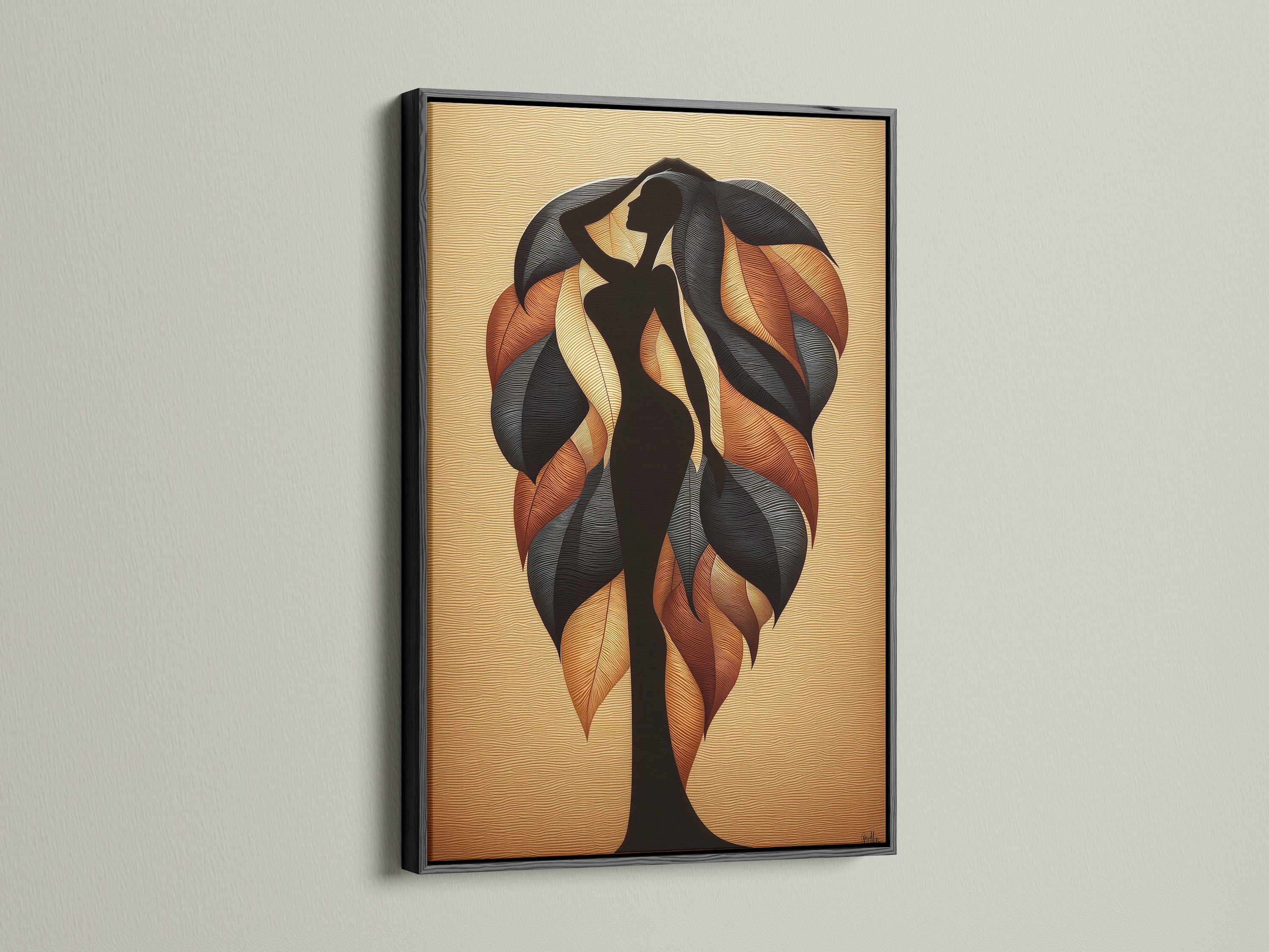 An eye-catching black framed art print of an abstract tree. The autumn leaves canvas offers a modern botanical touch. Ideal for enhancing bedroom or living room walls. This piece provides a sophisticated and contemporary style. It is well-suited for homeowners and interior designers. The black frame contrasts beautifully with the colorful leaf art.